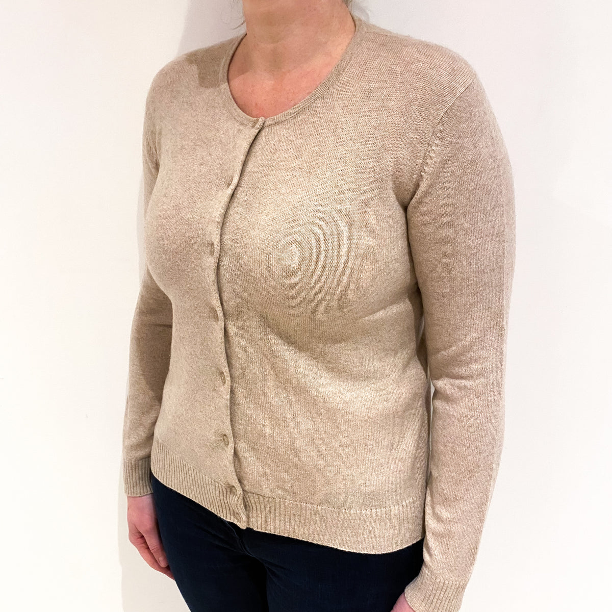 Fawn Beige Cashmere Crew Neck Cardigan Large