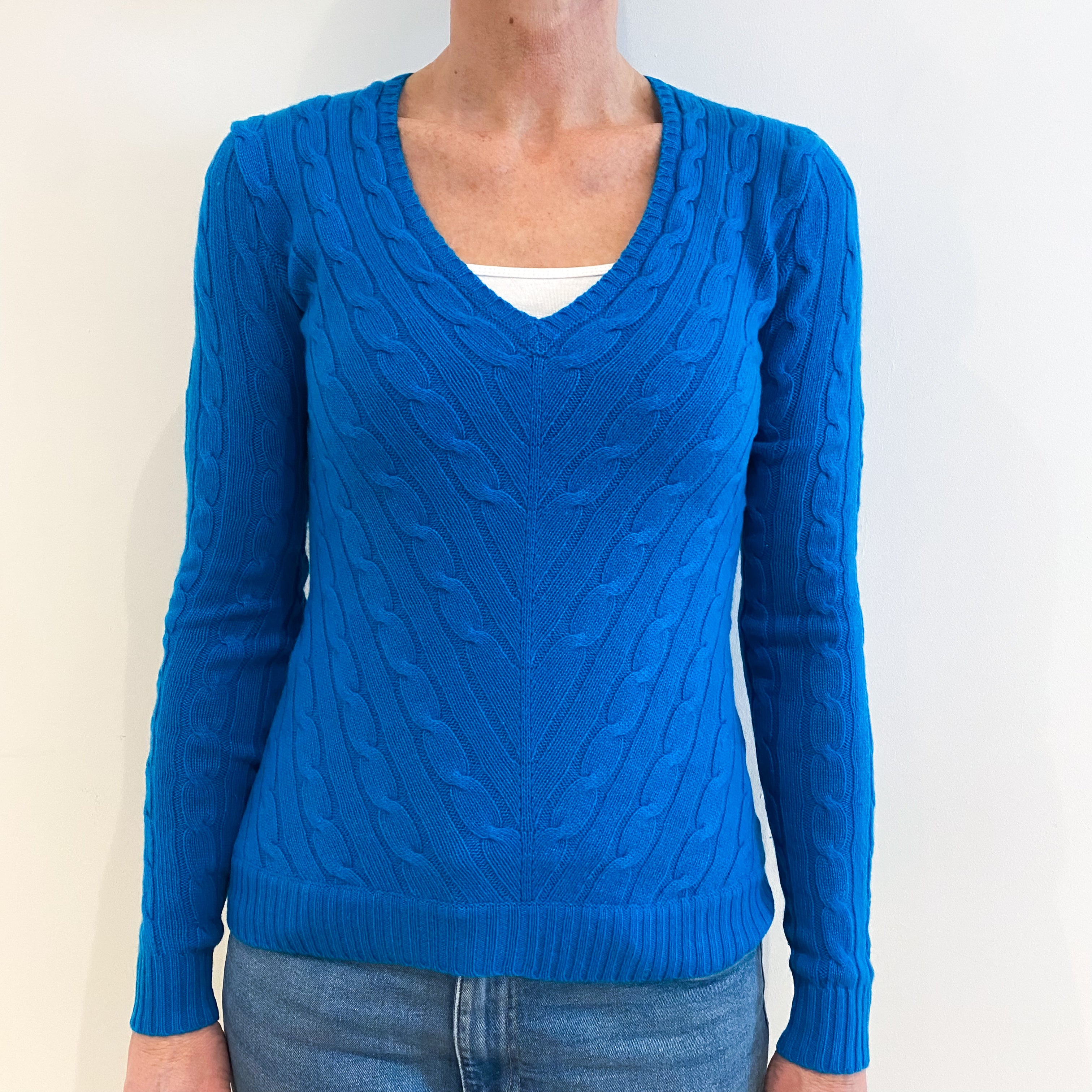 Ralph Lauren Turquoise Blue Cable Cashmere V Neck Jumper Small