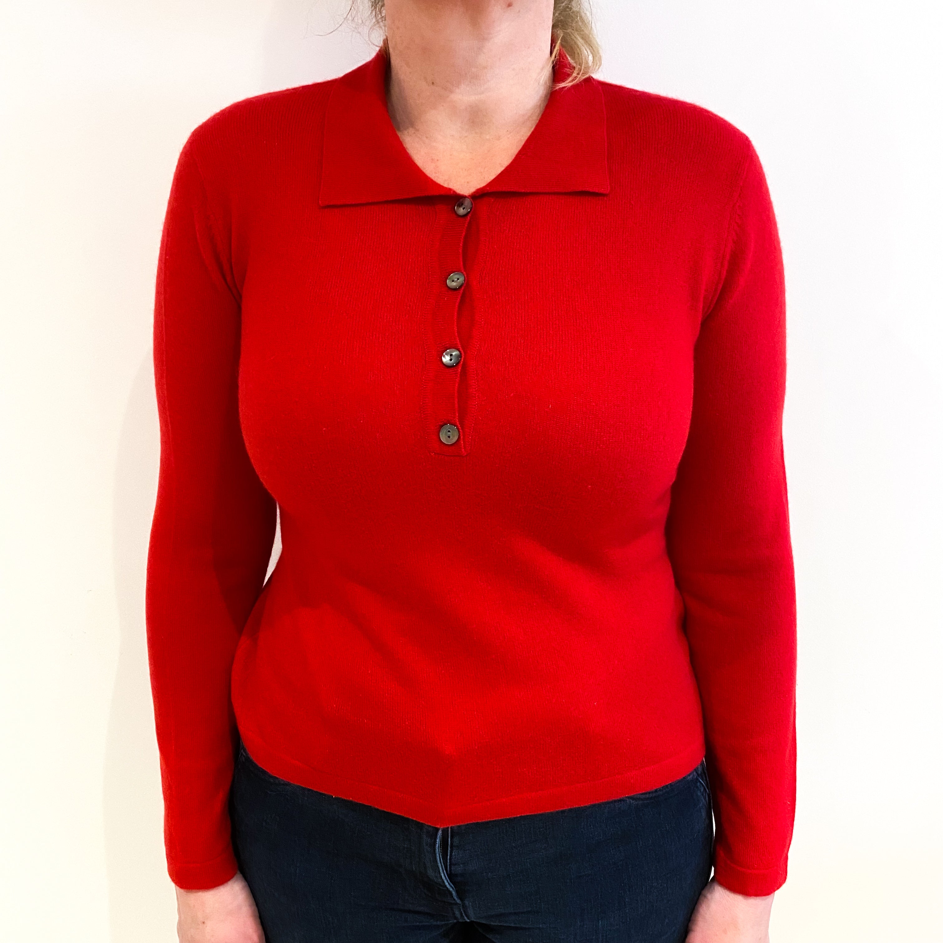 Scarlet Red Cashmere Collared 1/4 Button Jumper Large