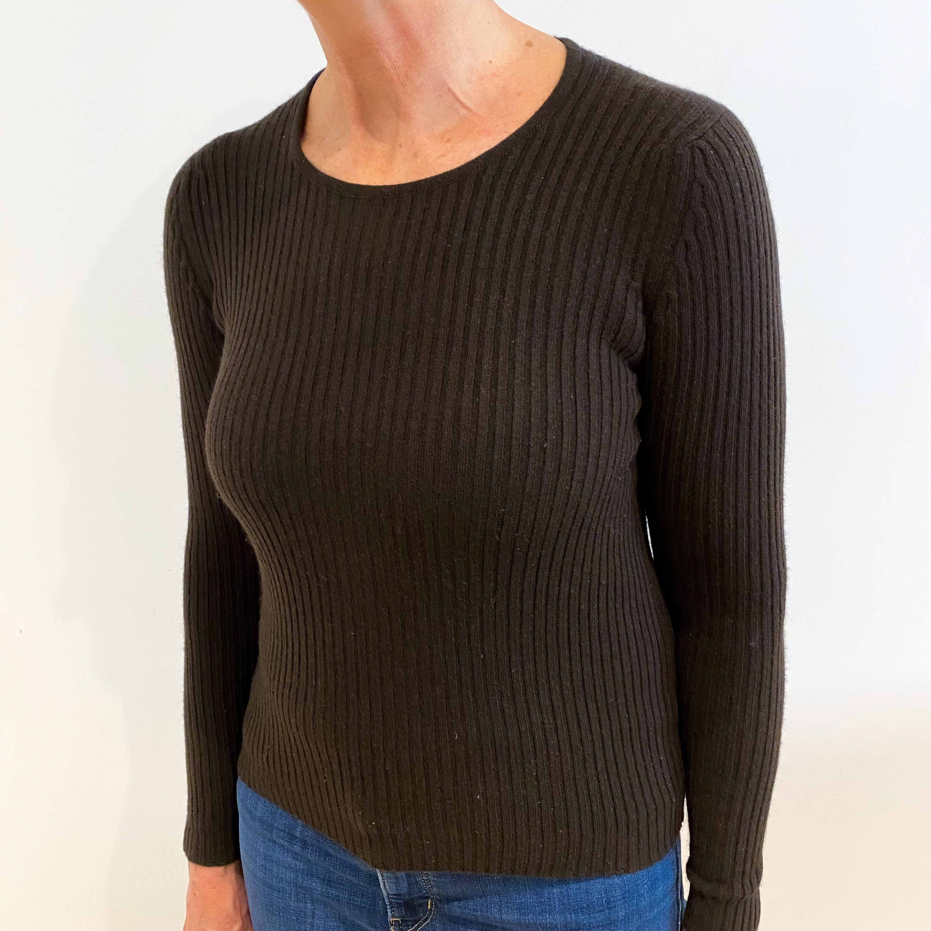 Vintage Scottish Chocolate Brown Skinny Rib Cashmere Scoop Neck Jumper Medium