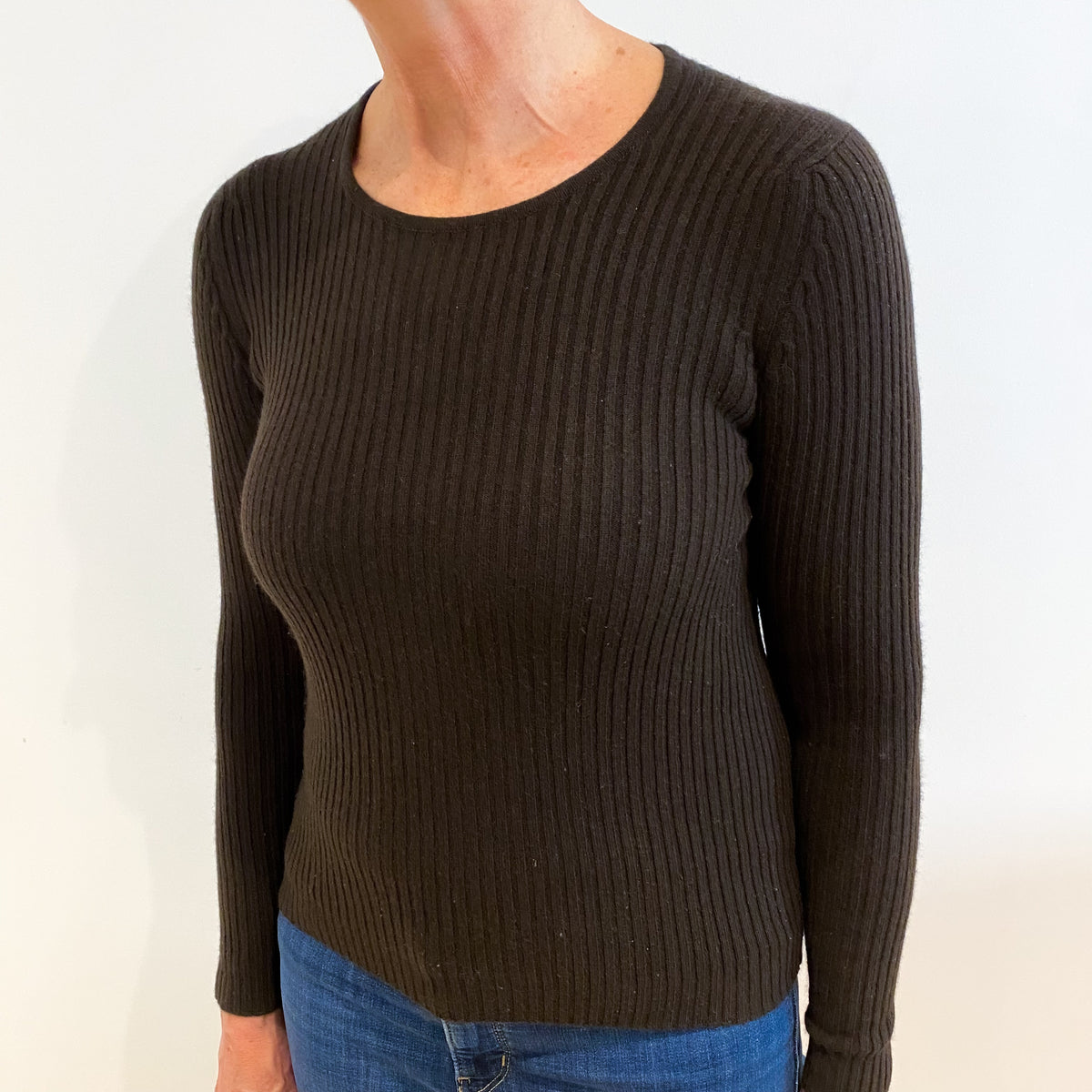 Vintage Scottish Chocolate Brown Skinny Rib Cashmere Scoop Neck Jumper Medium