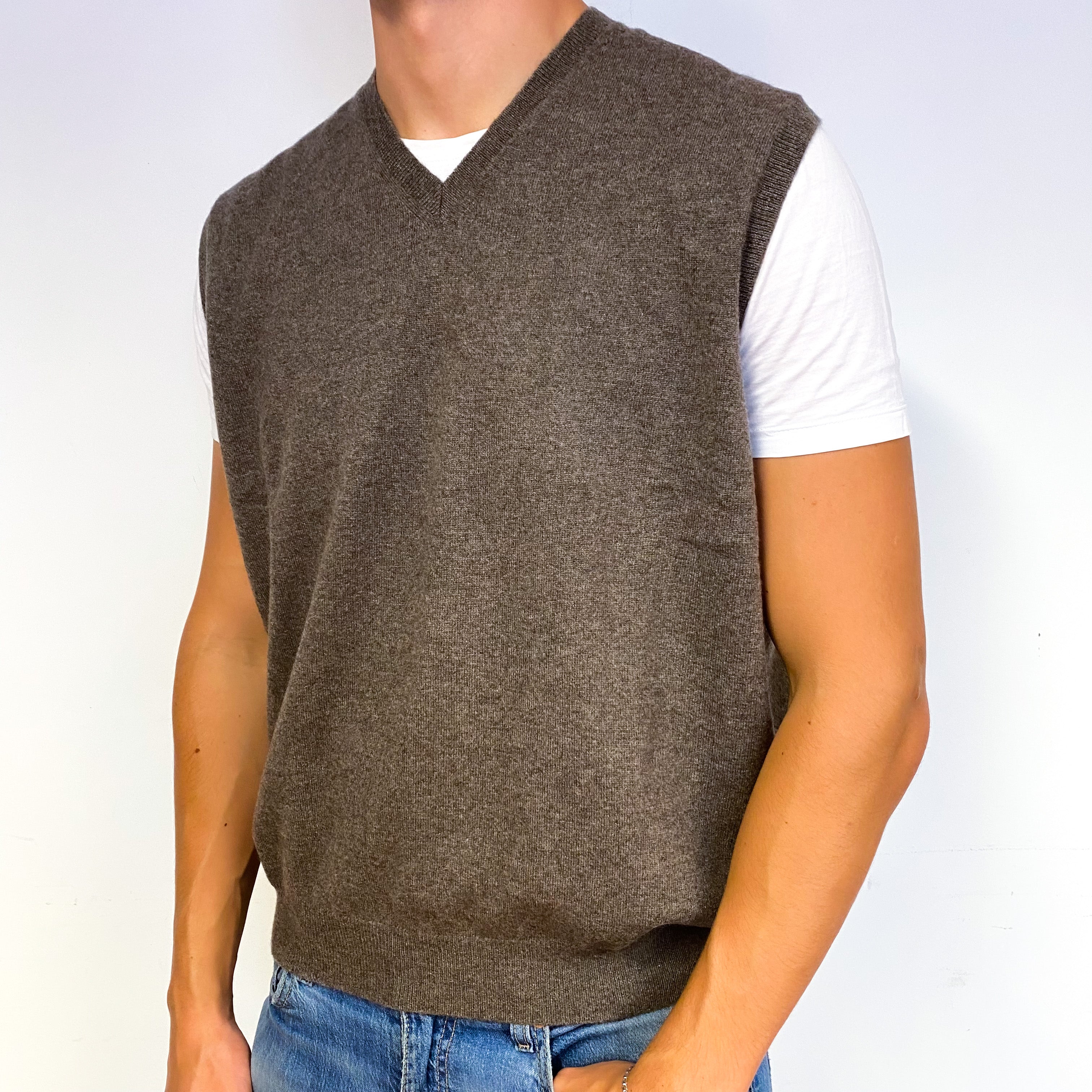 Men's Muted Brown Cashmere V-Neck Tank Top Extra Large