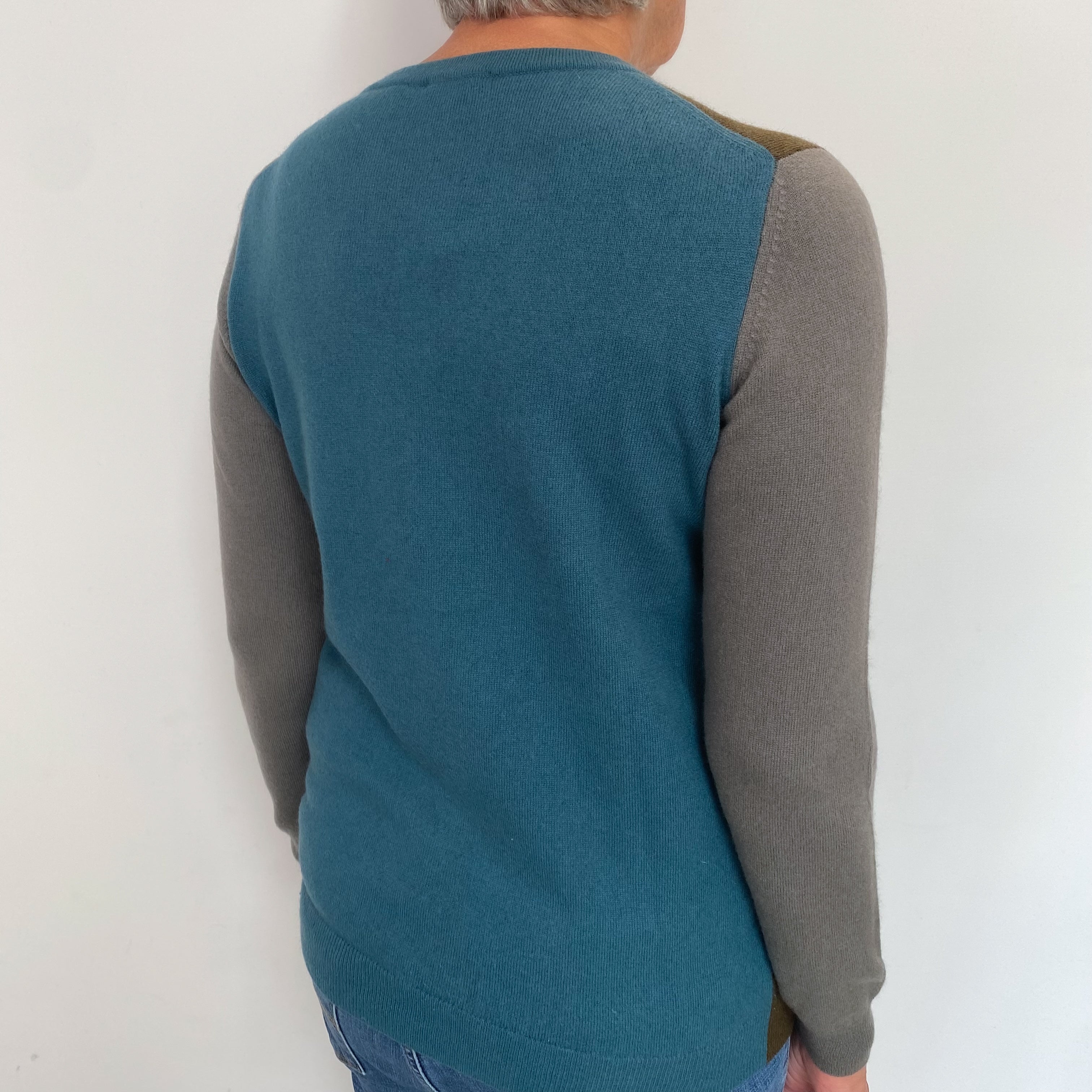 Army Green and Muted Mushroom Grey and Teal Cashmere V Neck Jumper Medium