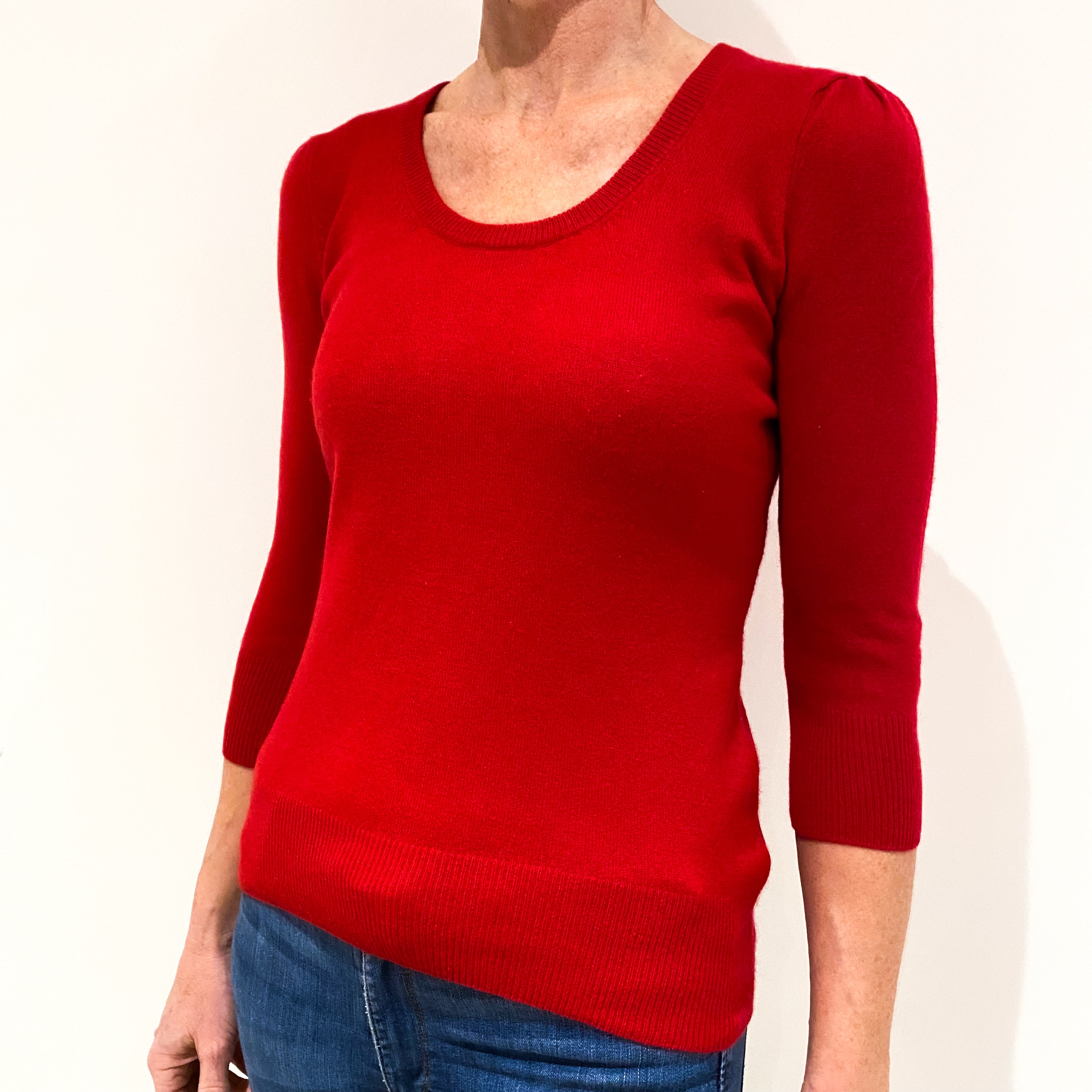 Scarlet Red 3/4 Sleeved Cashmere Crew Neck Jumper Small
