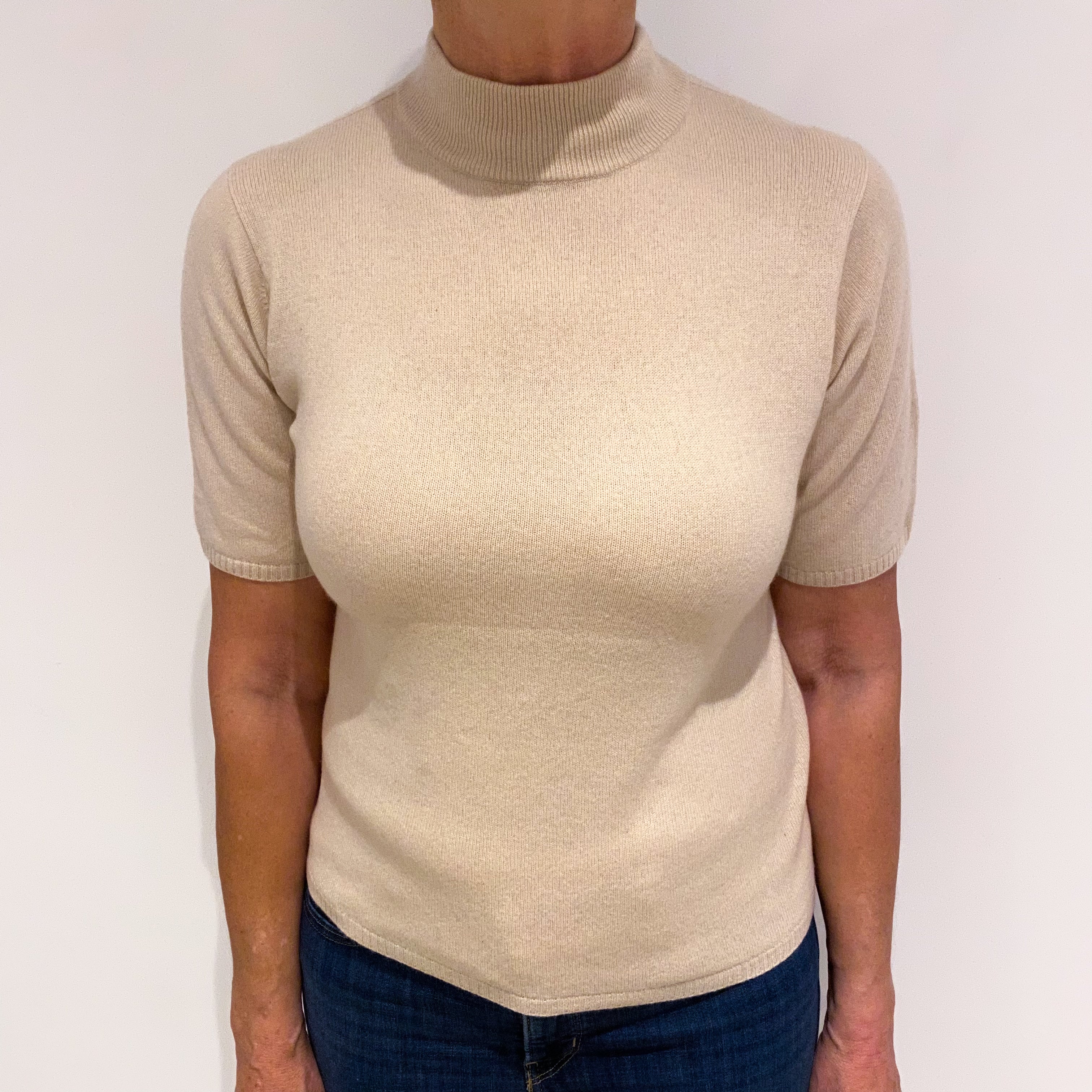 Beige Cashmere Short Sleeved Turtle Neck Jumper Medium