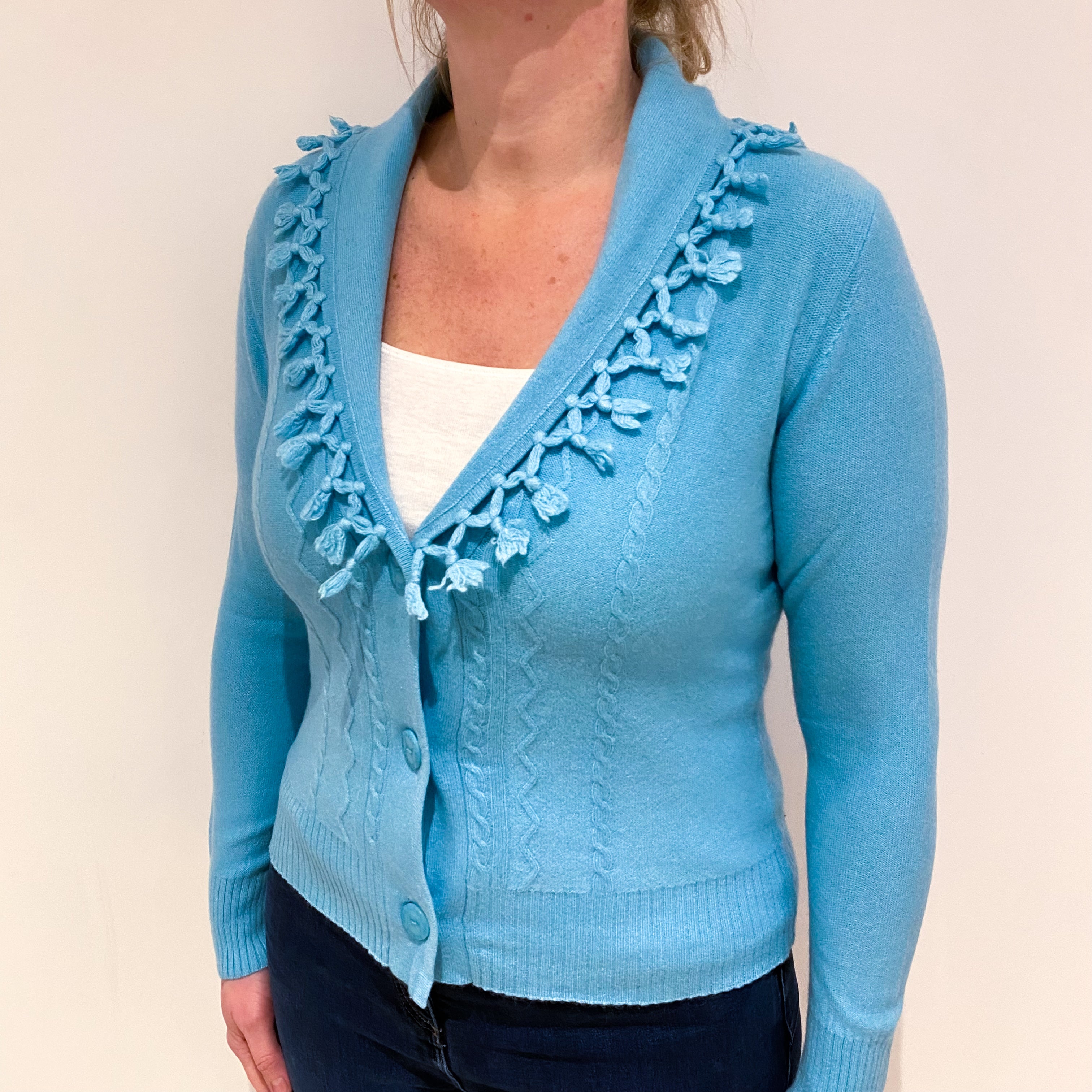 Hanae Mori Aquamarine Cashmere Fringed Shawl Collar Cardigan Large