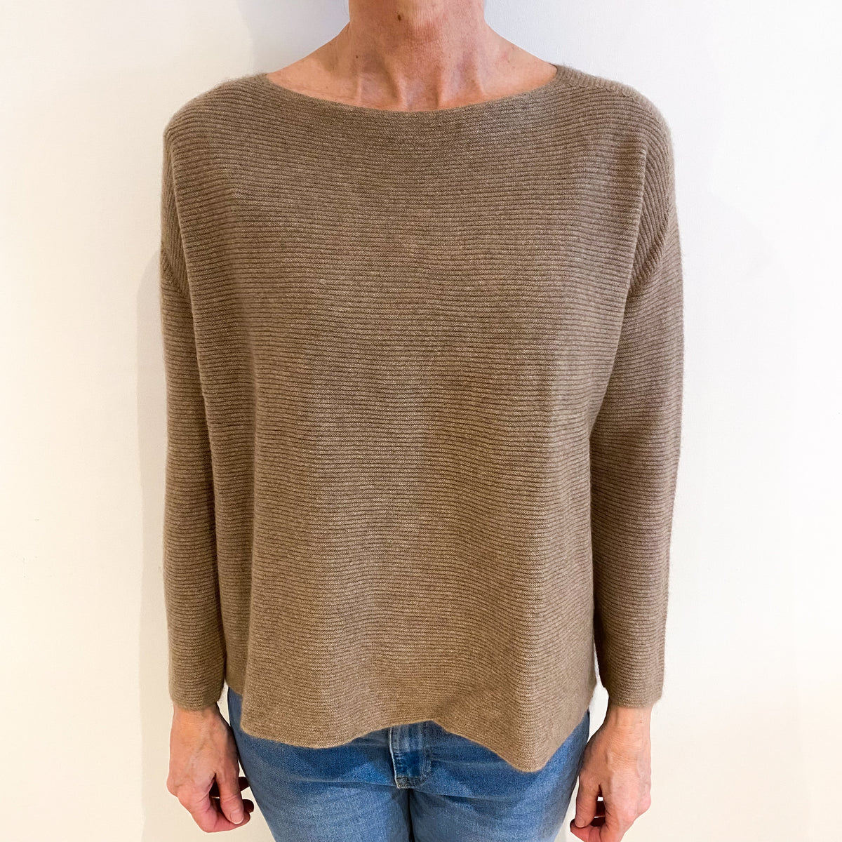 Taupe Brown Cashmere Slash Neck Jumper Small