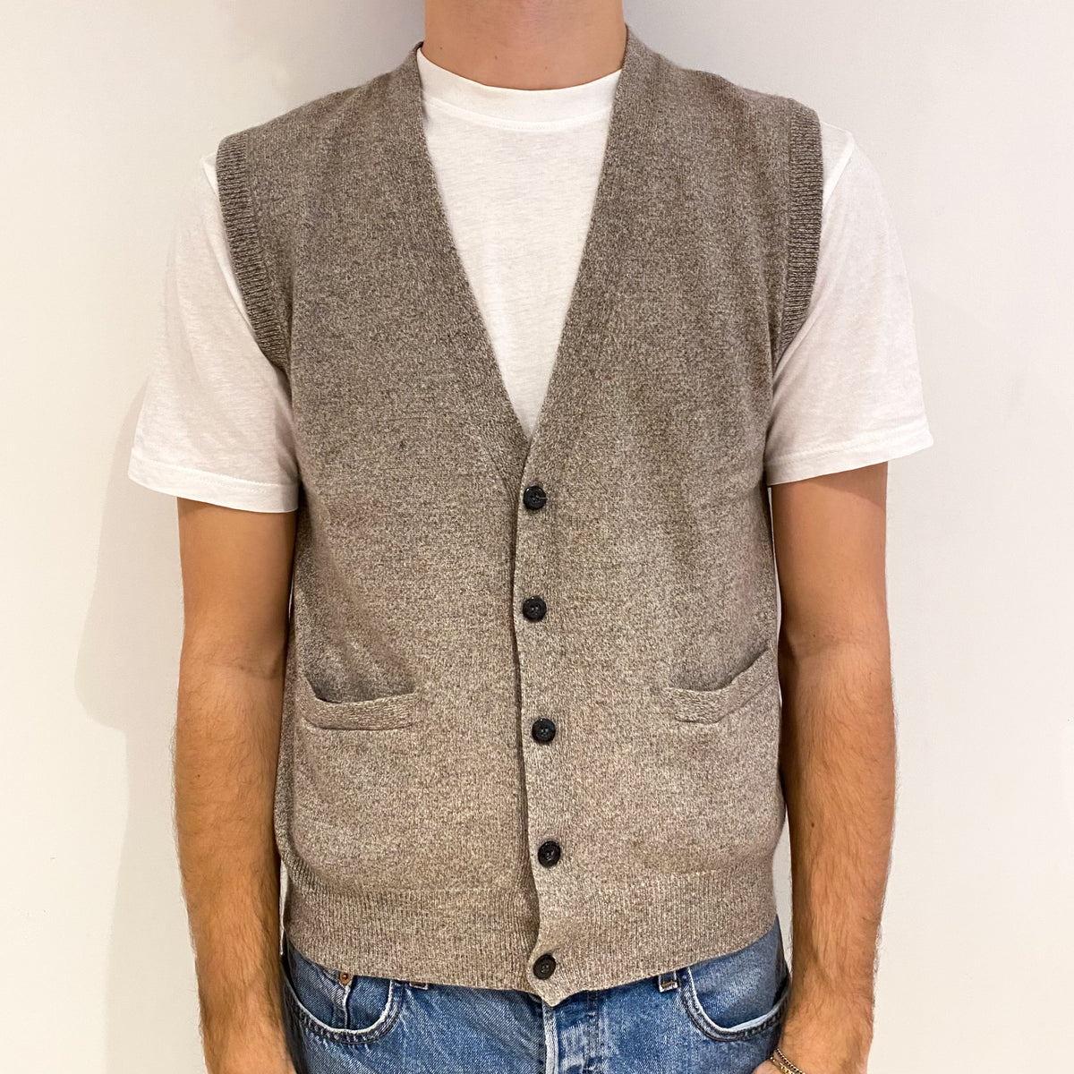 Men's Taupe Marl Cashmere V Neck Gilet with Pockets Medium