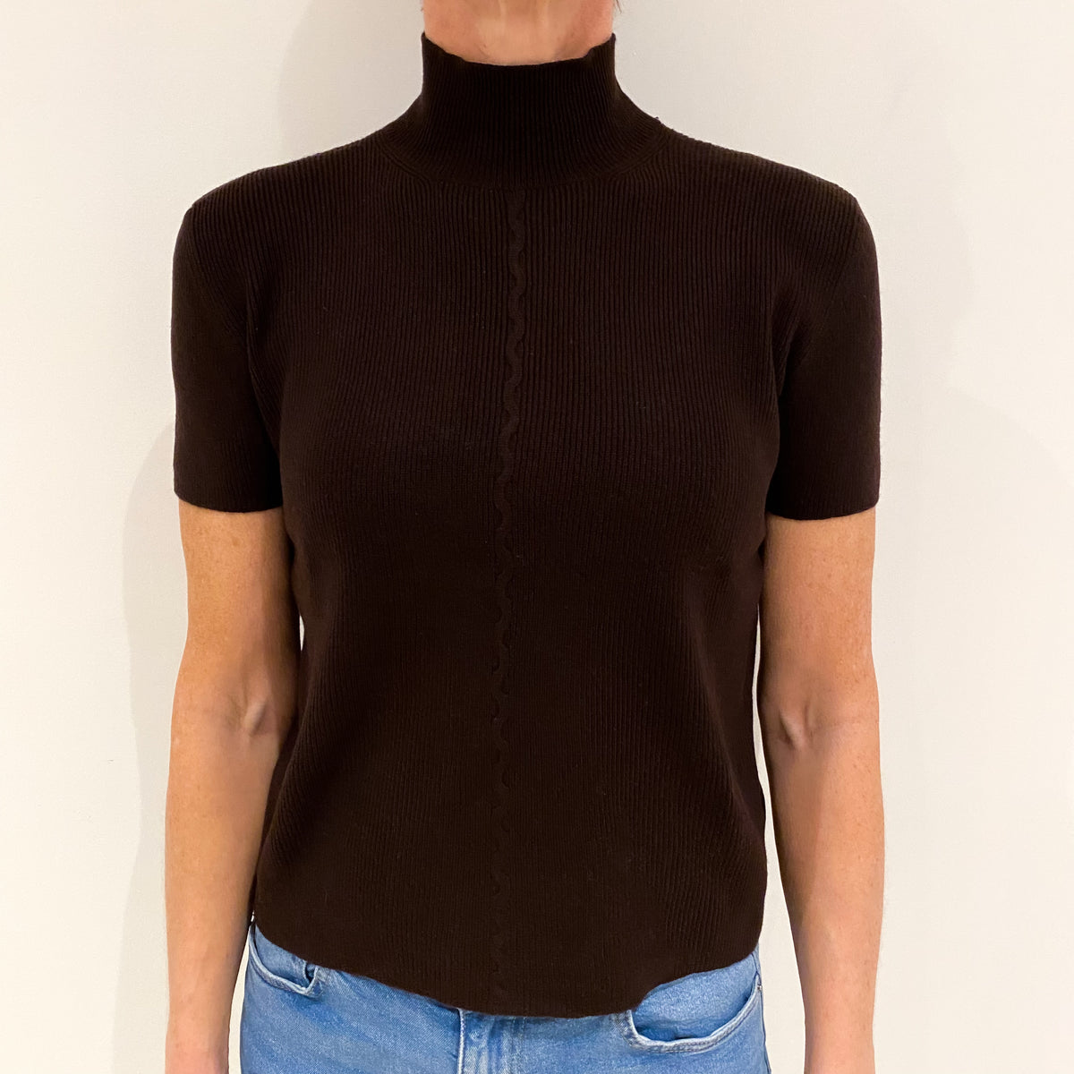 Orwell Chocolate Brown Cashmere Short Sleeved Turtle Neck Jumper Small