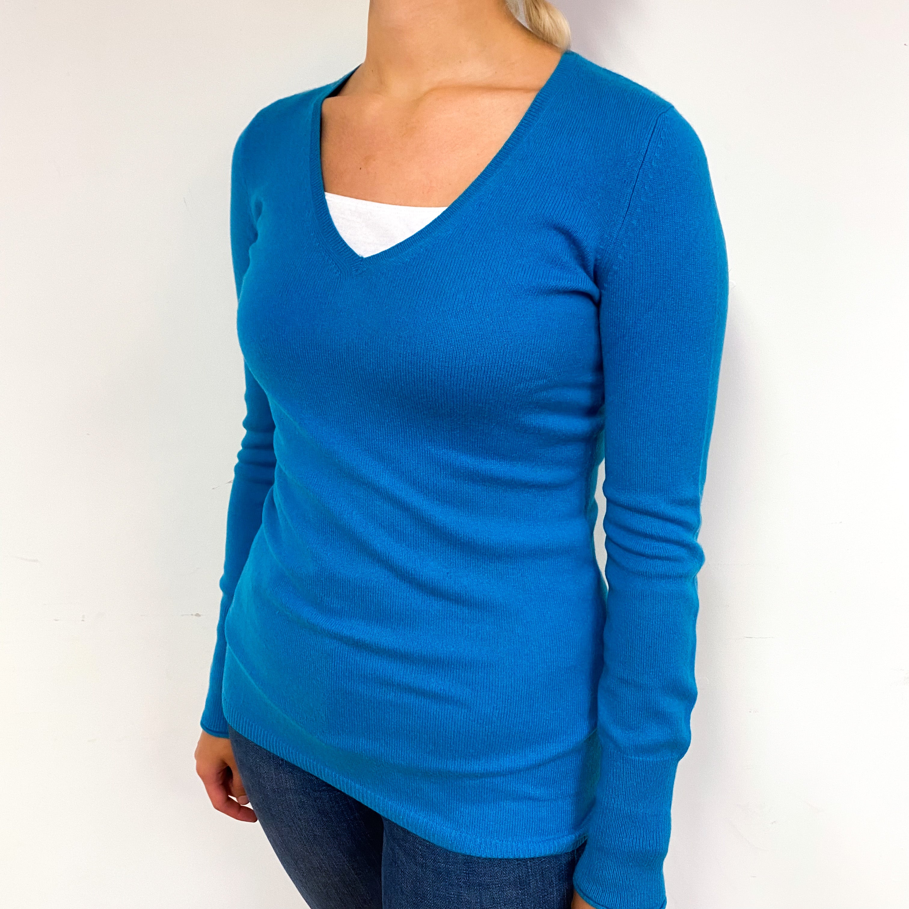 Ocean Blue Cashmere V-Neck Jumper Small