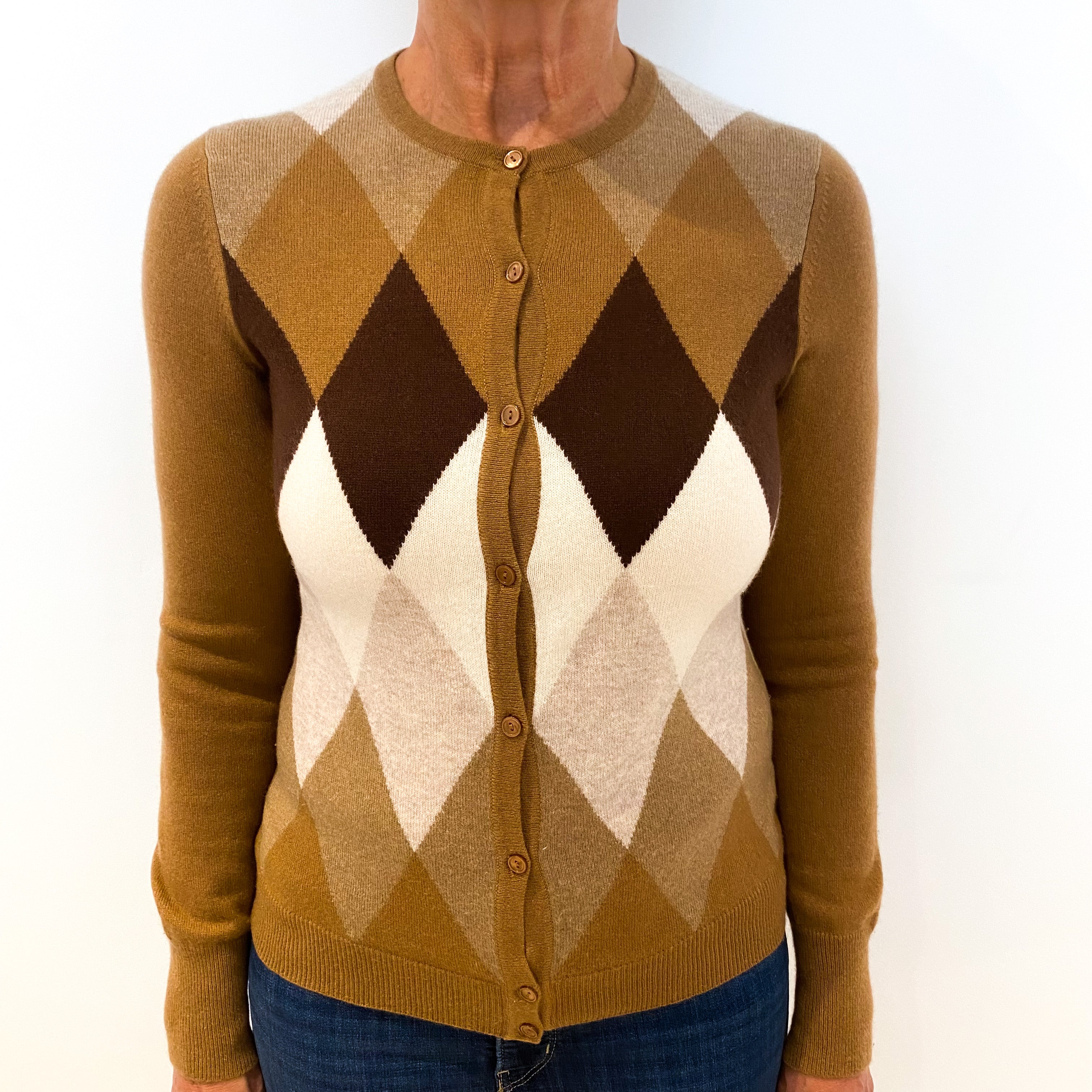 Brown Cream Diamond Pattern Cashmere Crew Neck Cardigan Medium