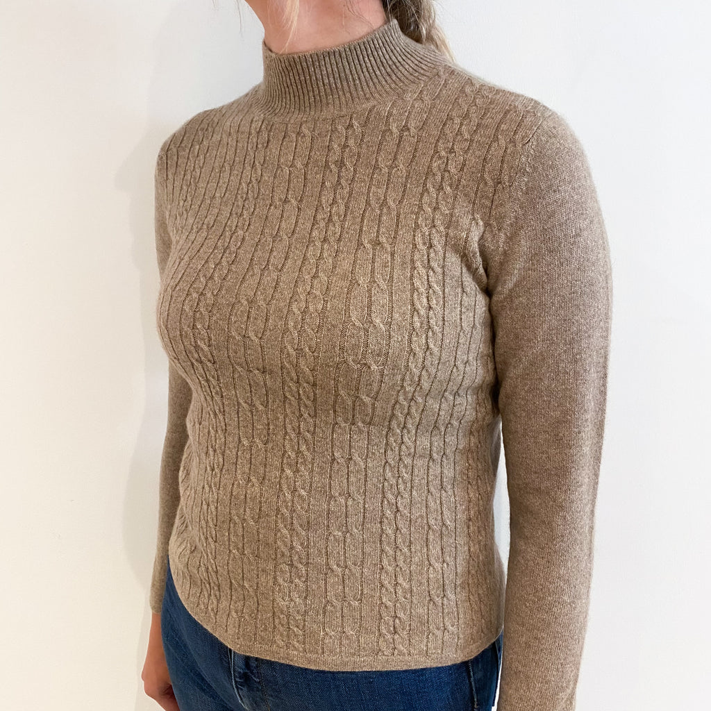 Mocha Brown Cable Front Cashmere Turtle Neck Jumper Small