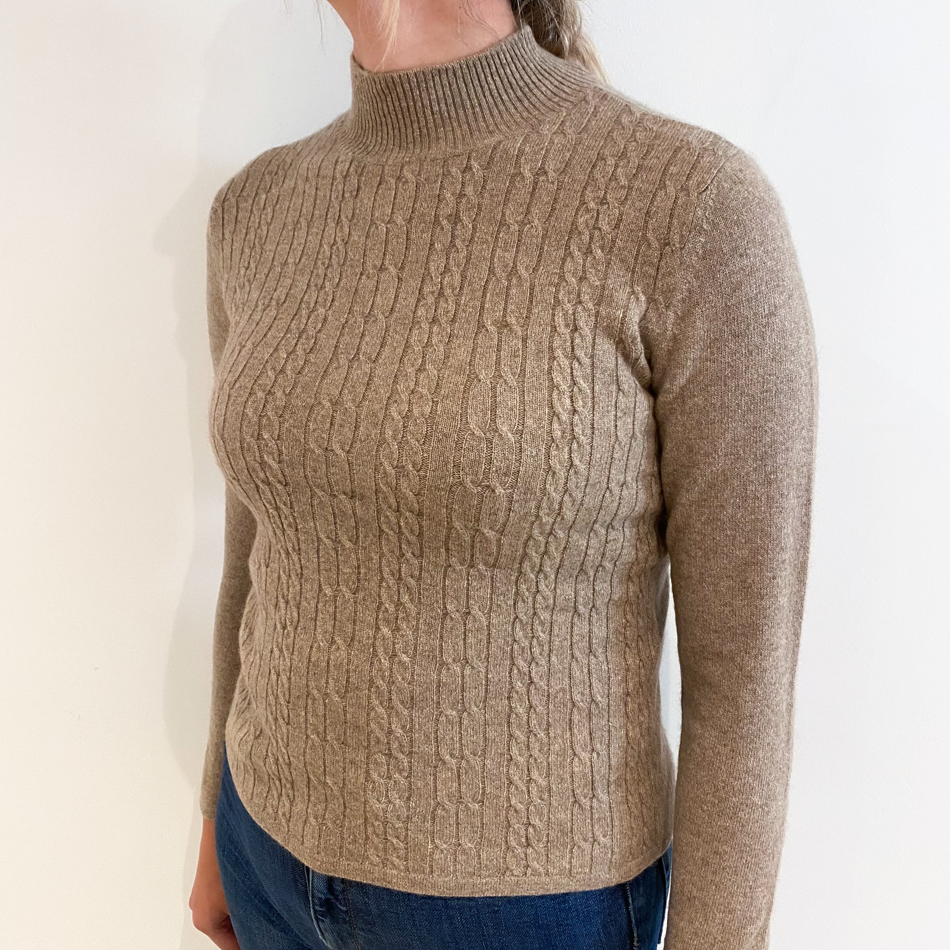 Mocha Brown Cable Front Cashmere Turtle Neck Jumper Small