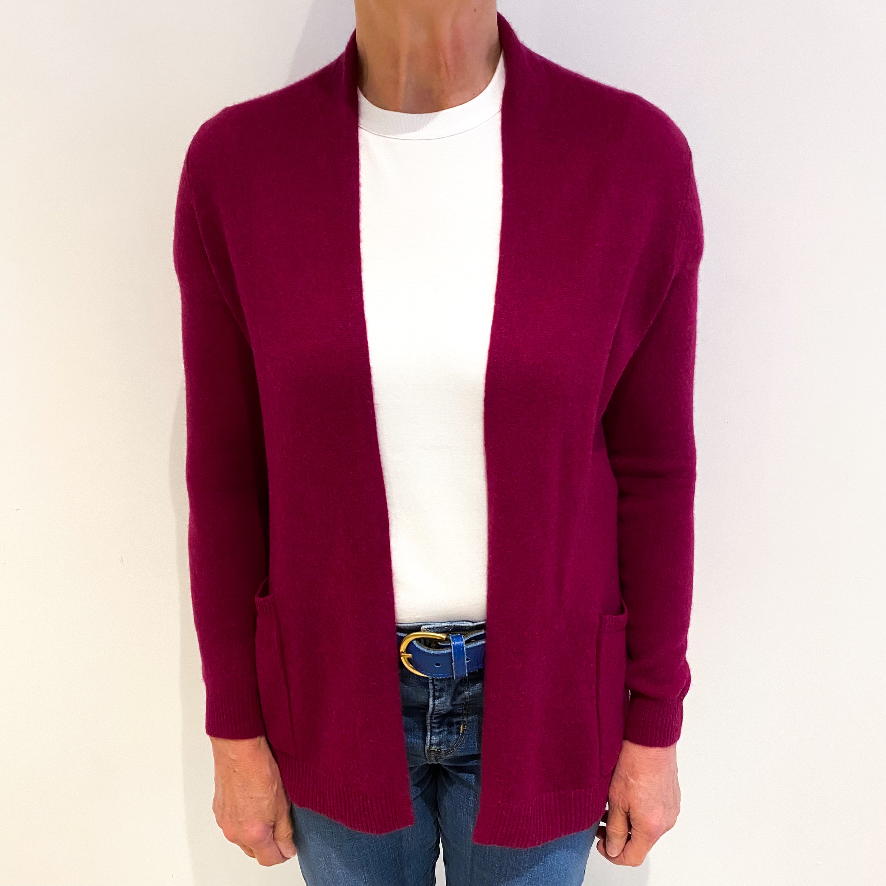 Magenta Purple Cashmere Edge To Edge Cardigan With Pockets Medium
