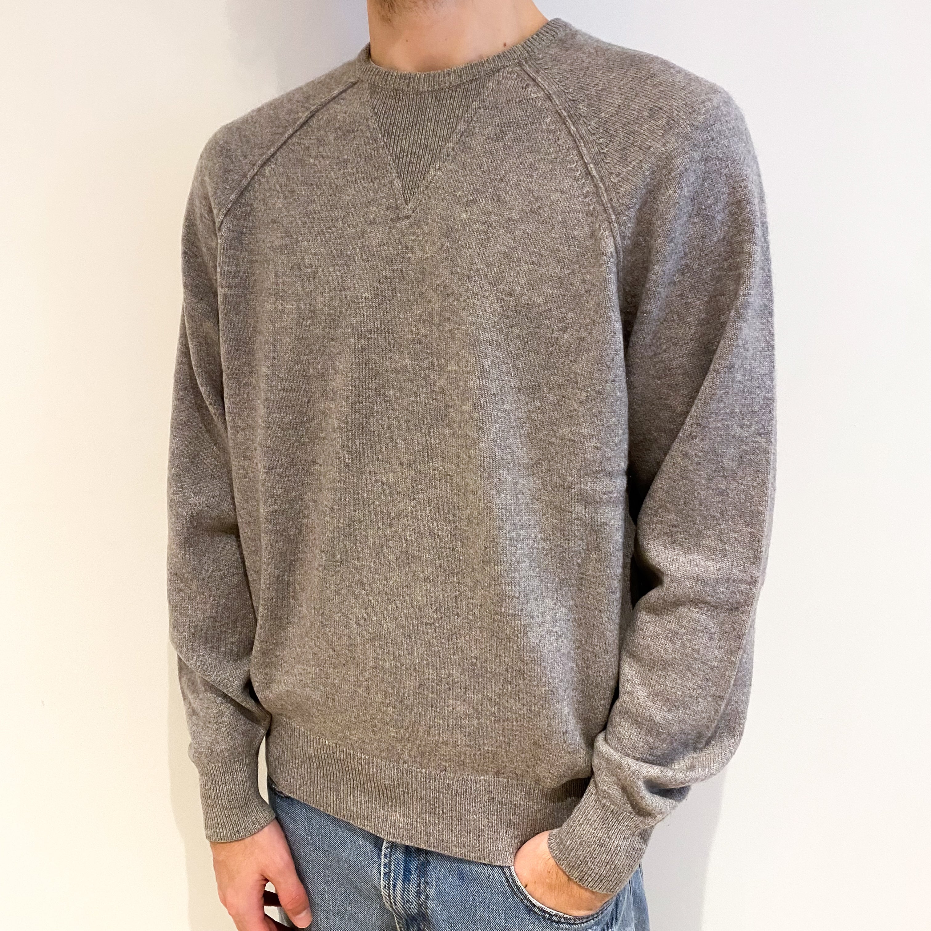 Men's Scottish Smoke Grey Cashmere Crew Neck Jumper Large