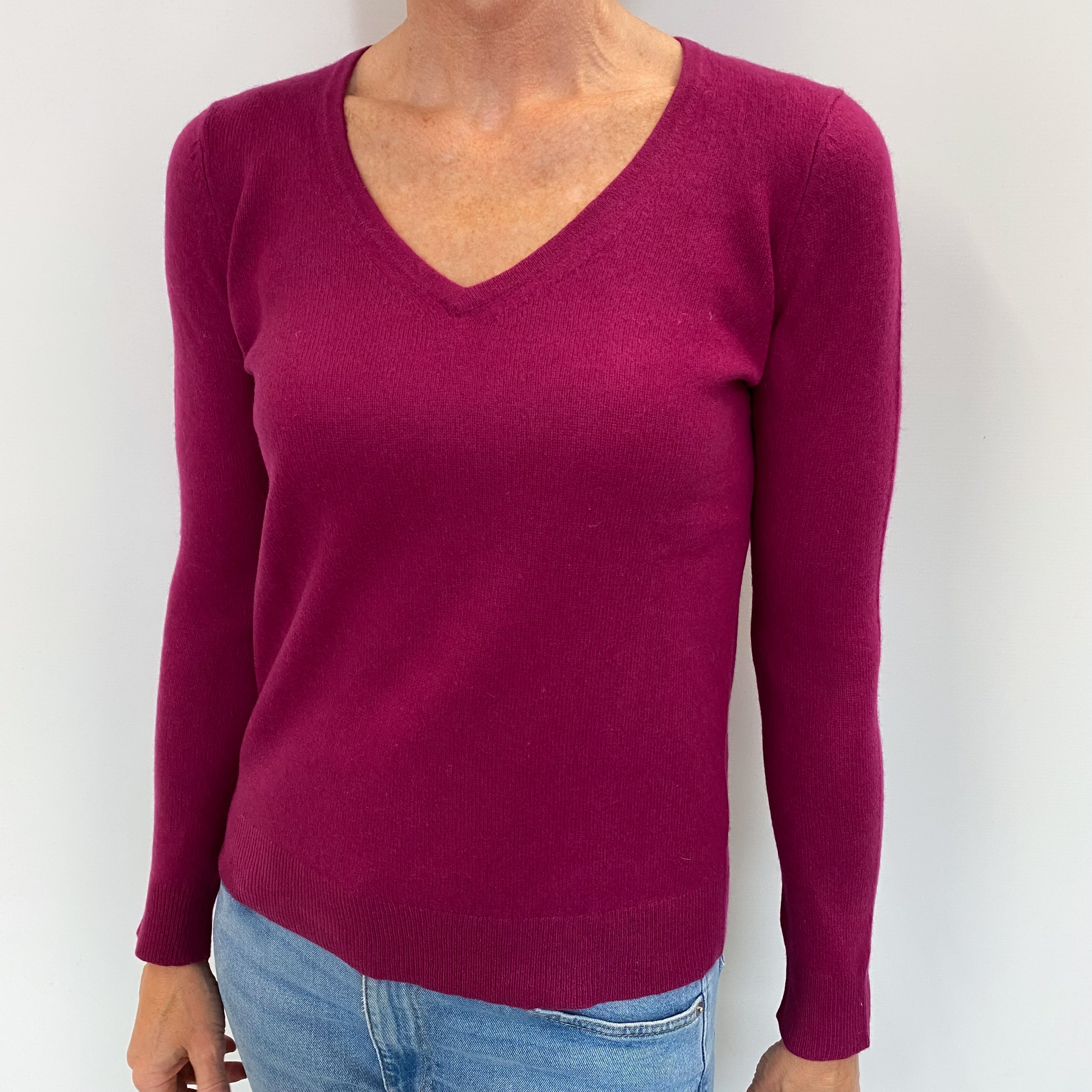 Deep Fuchsia Pink Cashmere V Neck Jumper Small