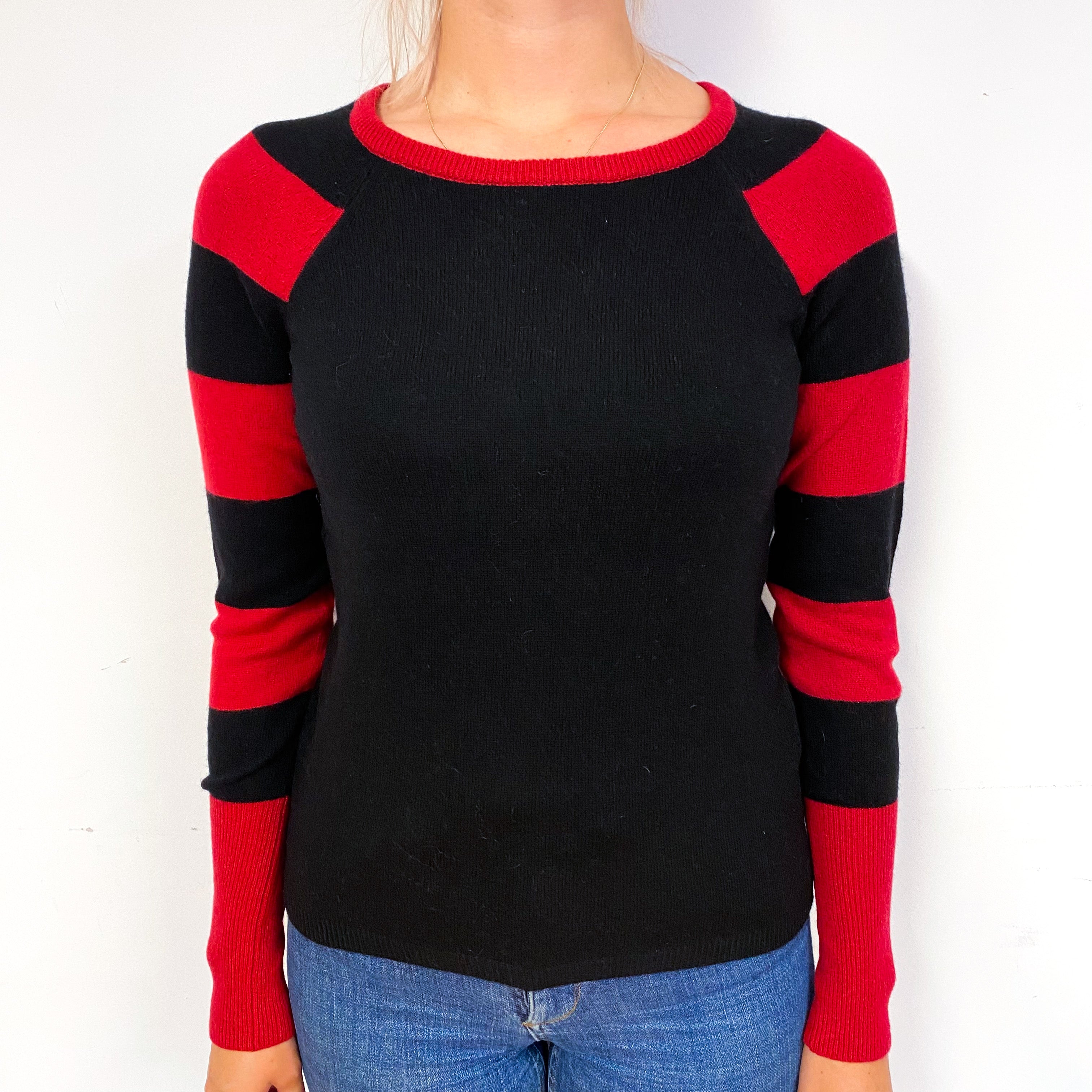 Black Red Stripe Cashmere Crew Neck Jumper Small