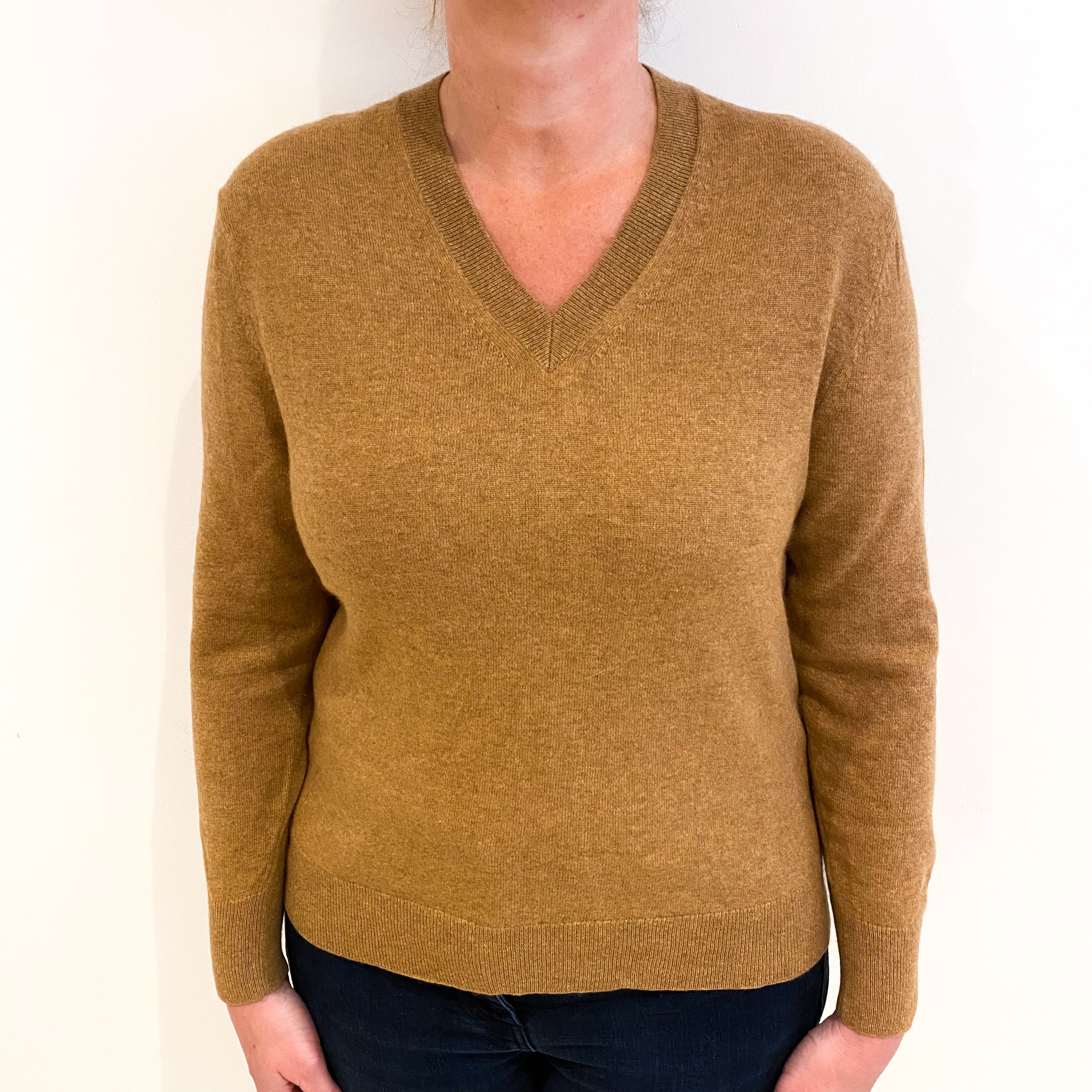 Butterscotch Brown Cashmere V Neck Jumper Large