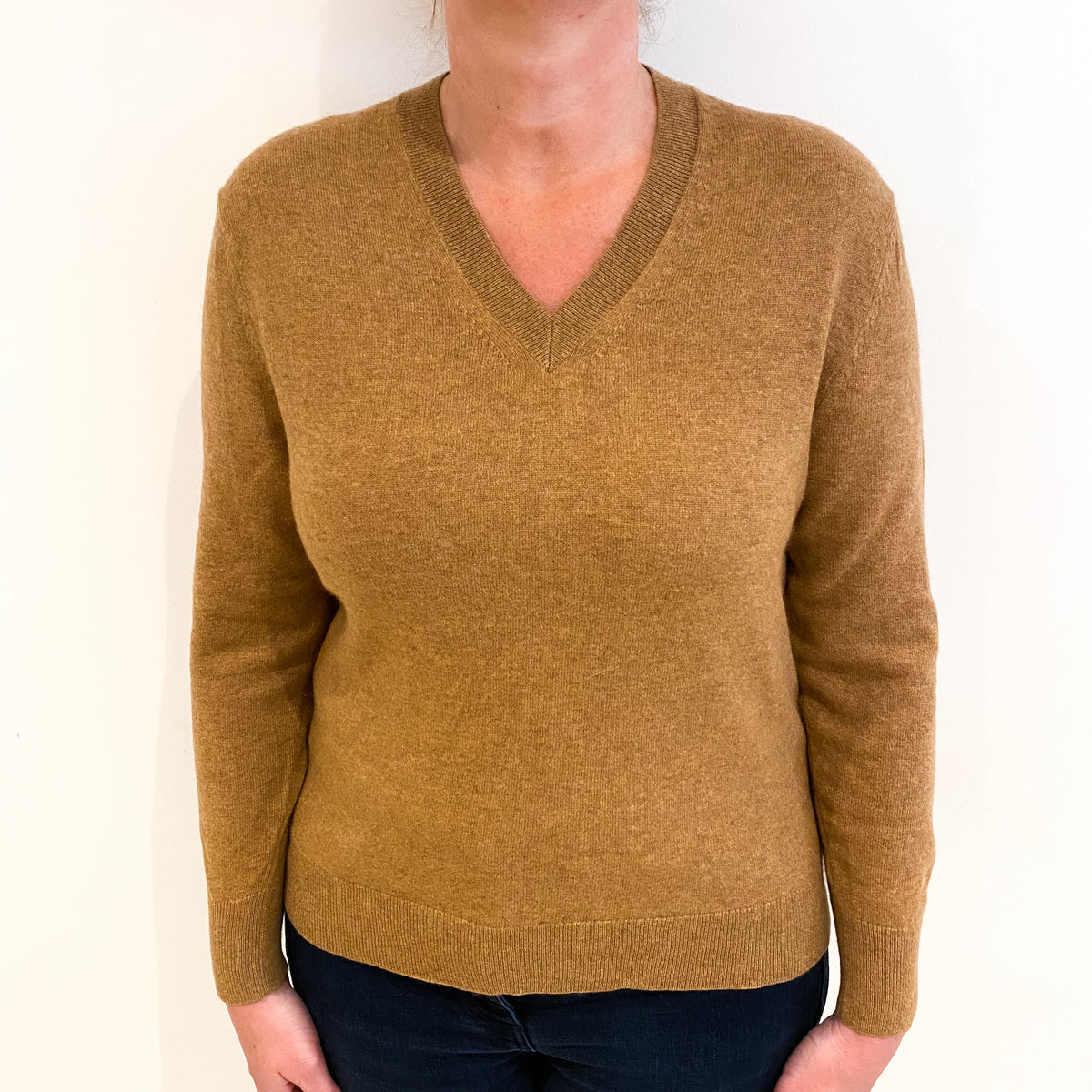 Butterscotch Brown Cashmere V Neck Jumper Large
