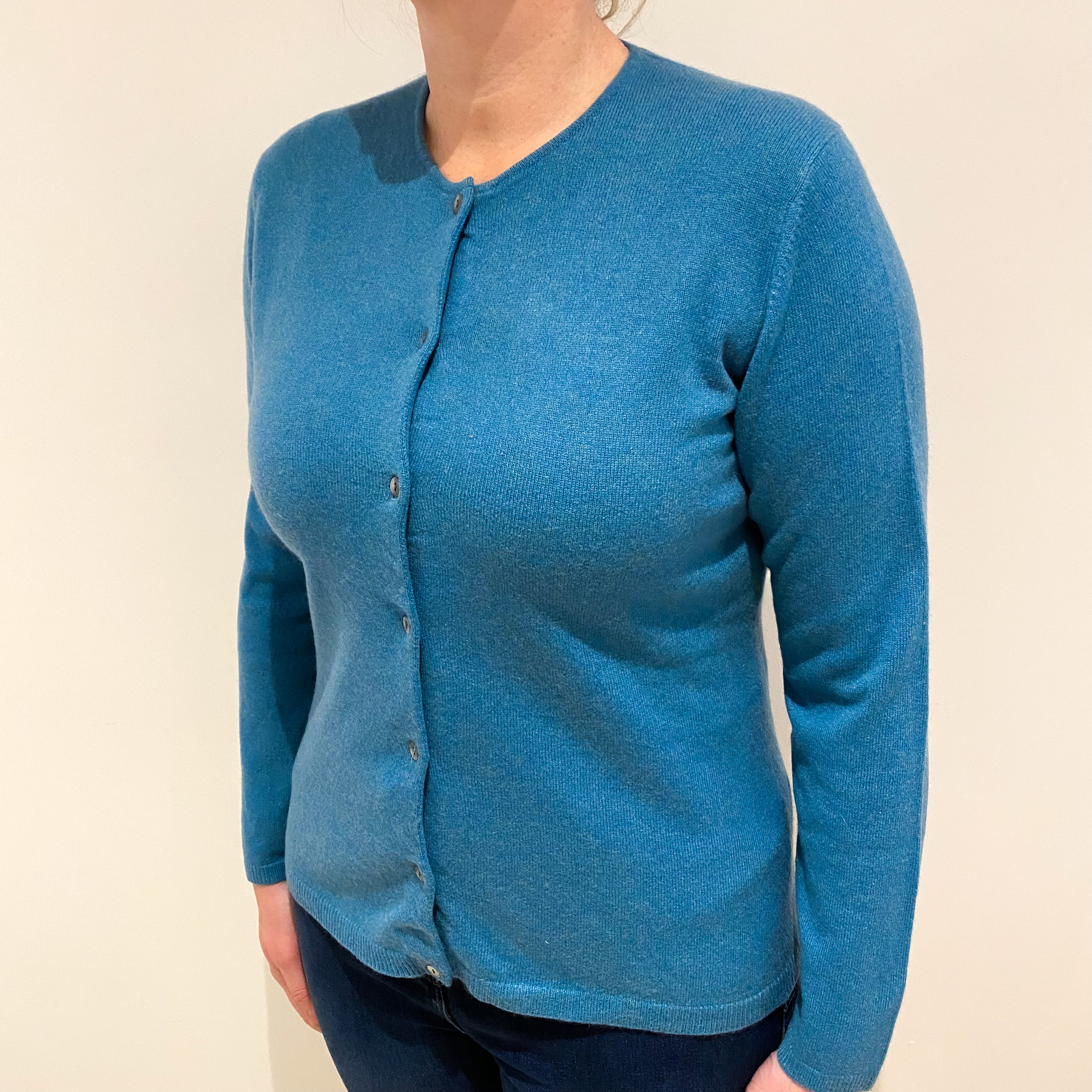 Aqua Blue Cashmere Crew Neck Cardigan Large