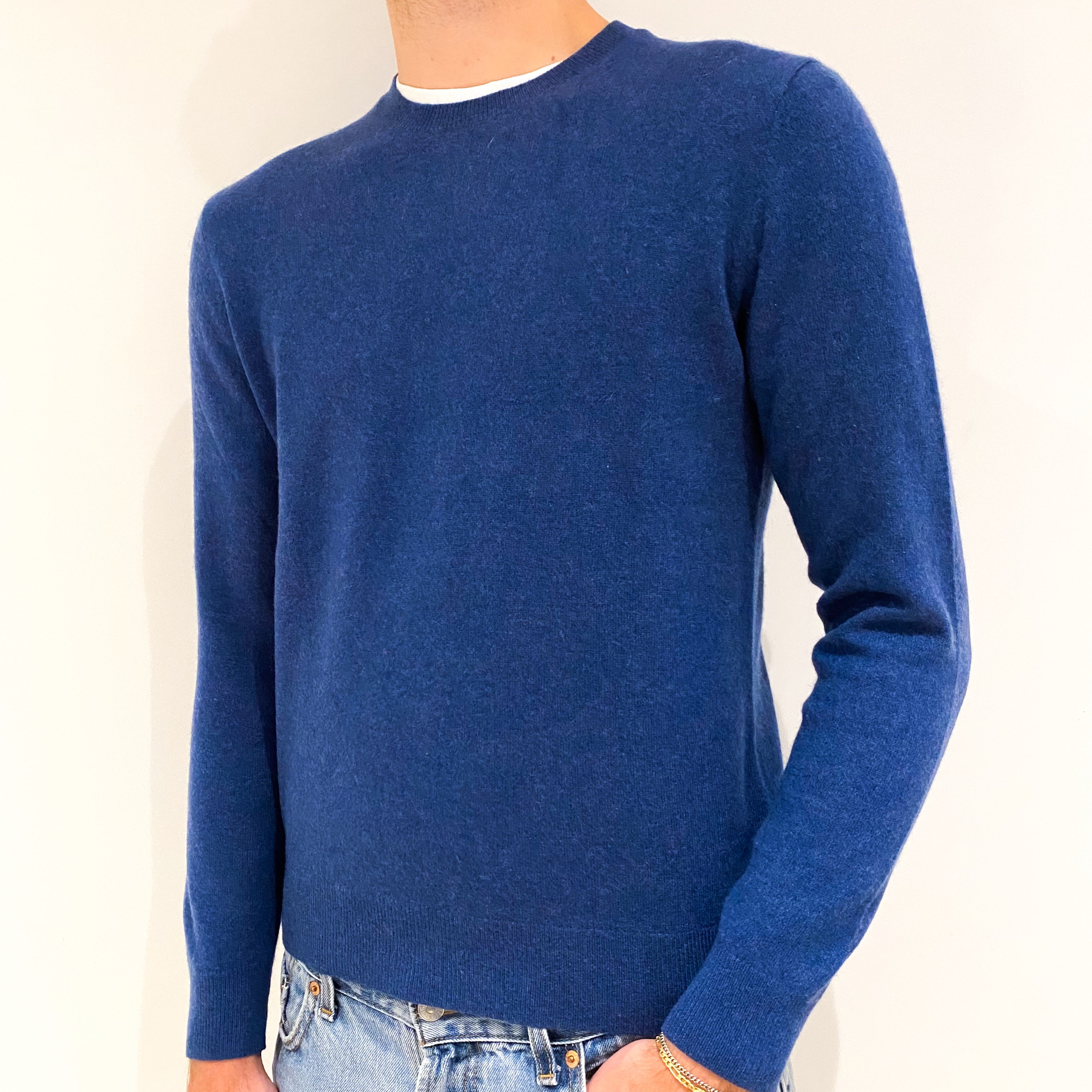 Men's Dark Denim Blue Cashmere Crew Neck Jumper Medium