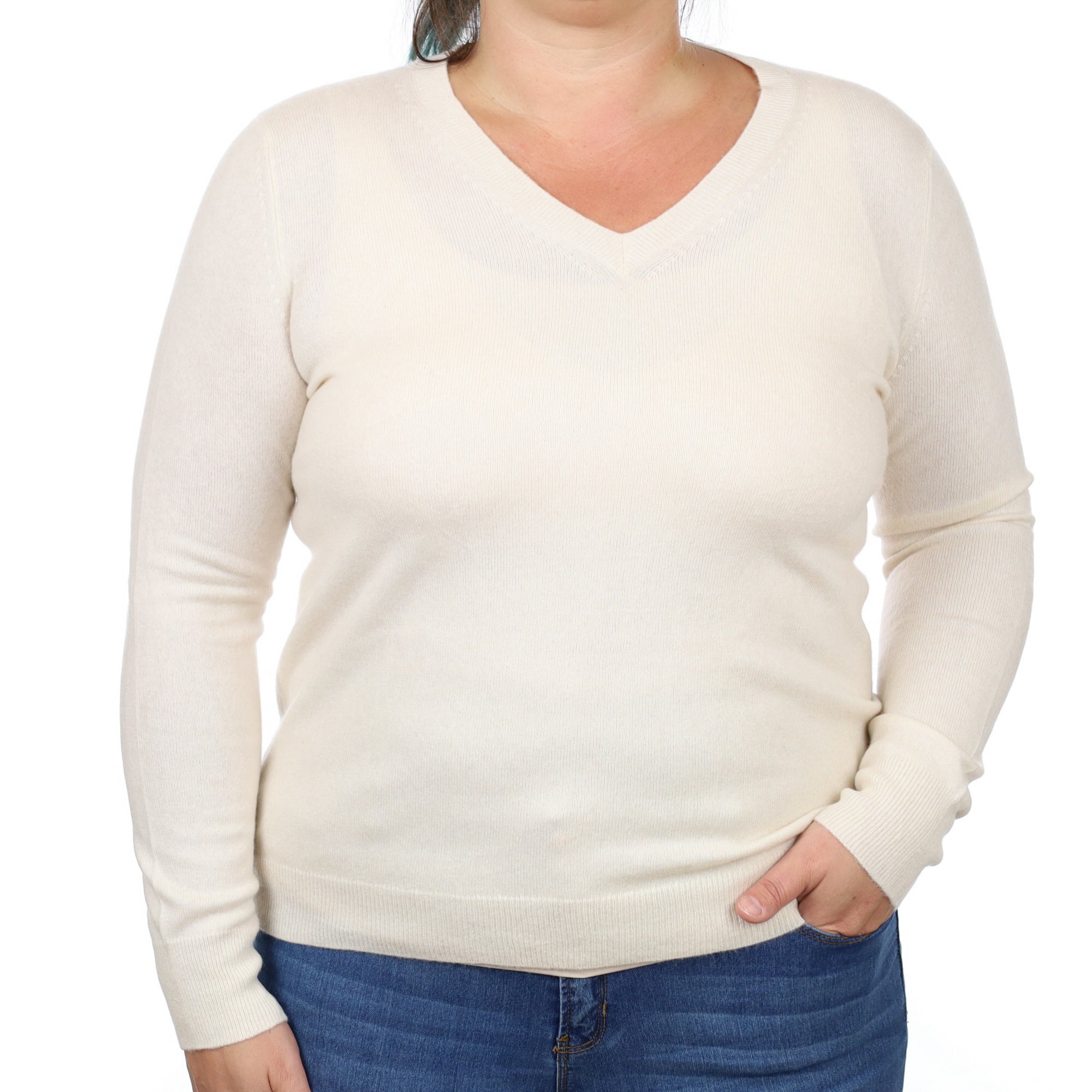 Vanilla Cream Cashmere V Neck Jumper Large