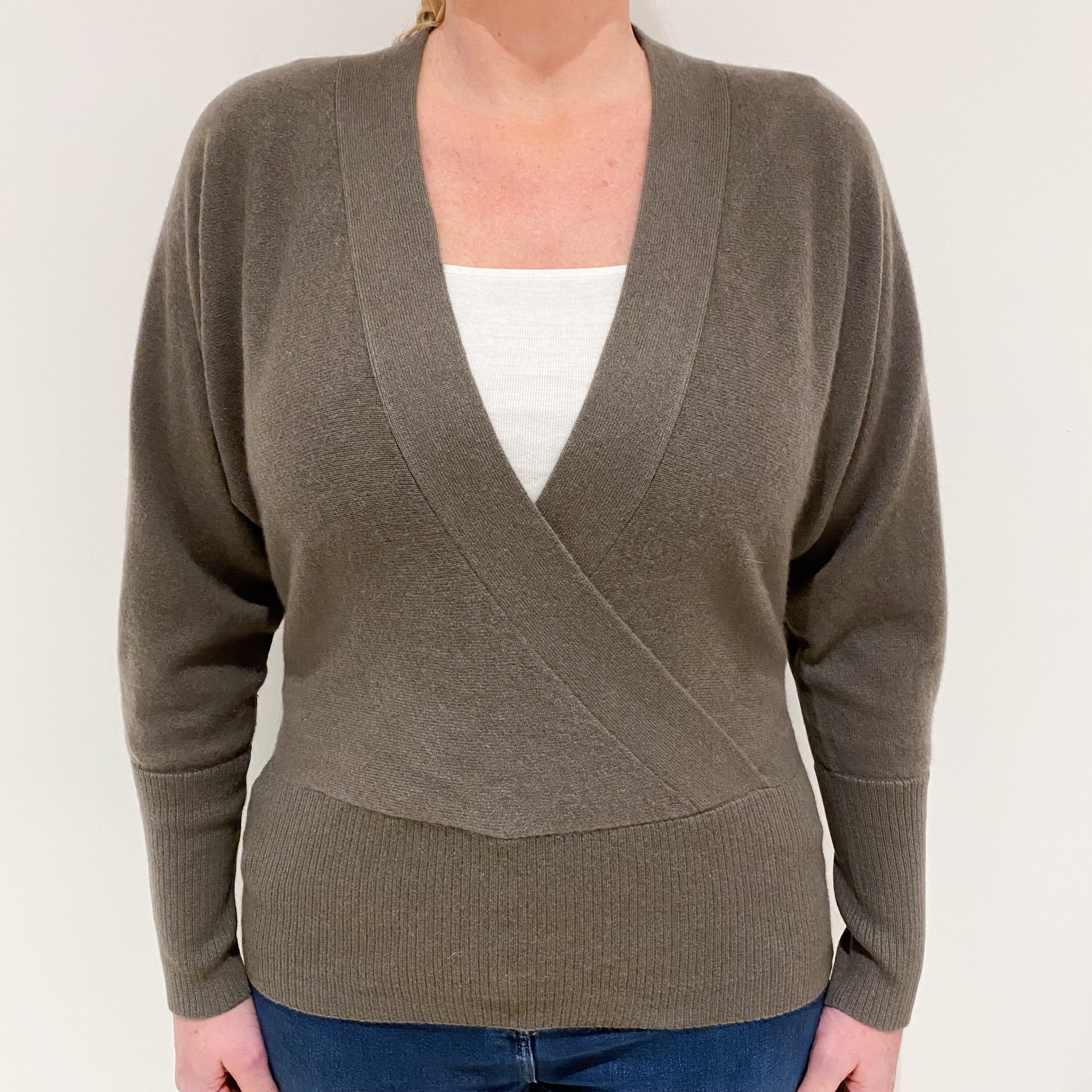 Mocha Brown Batwing Cashmere V-Neck Jumper Large