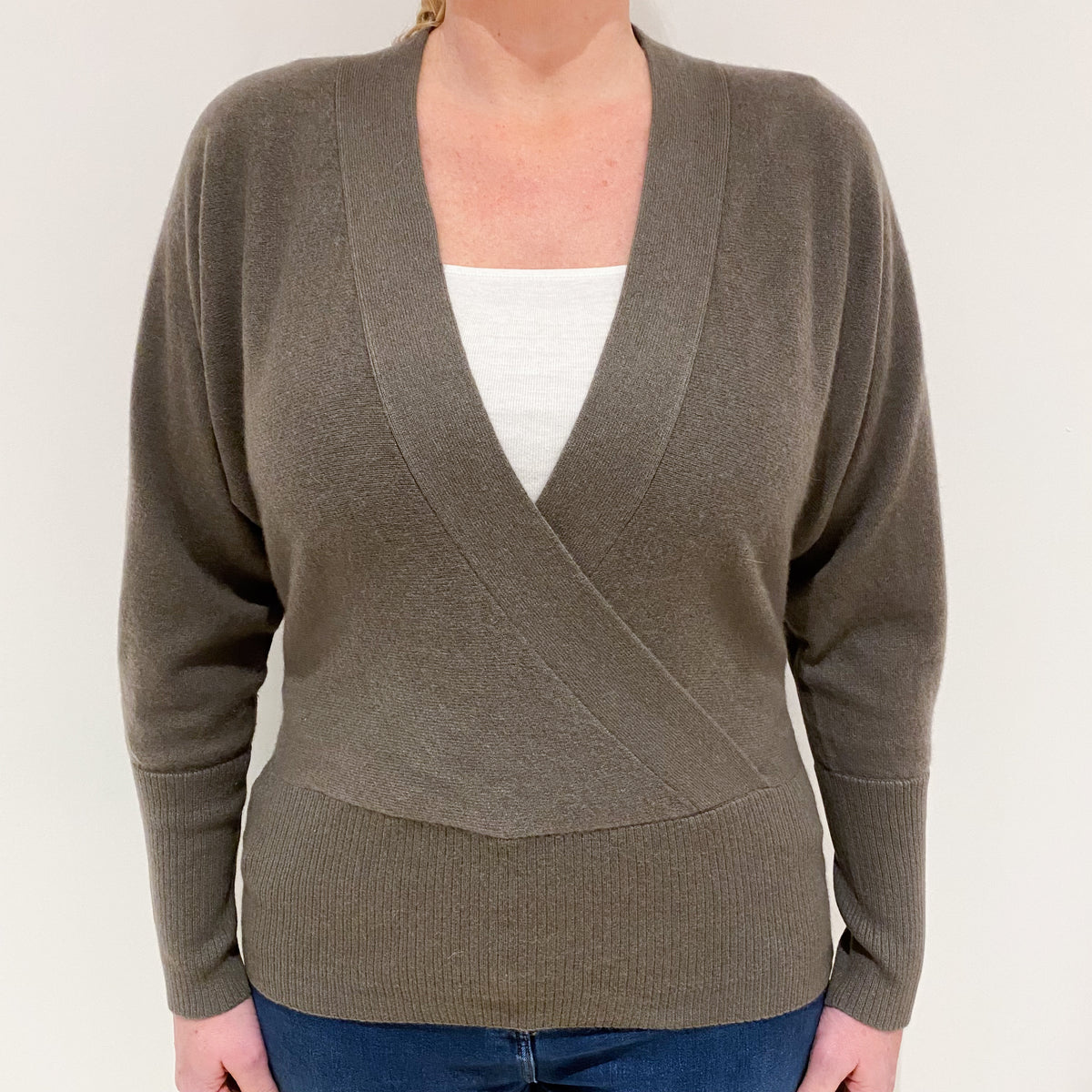 Mocha Brown Batwing Cashmere V-Neck Jumper Large