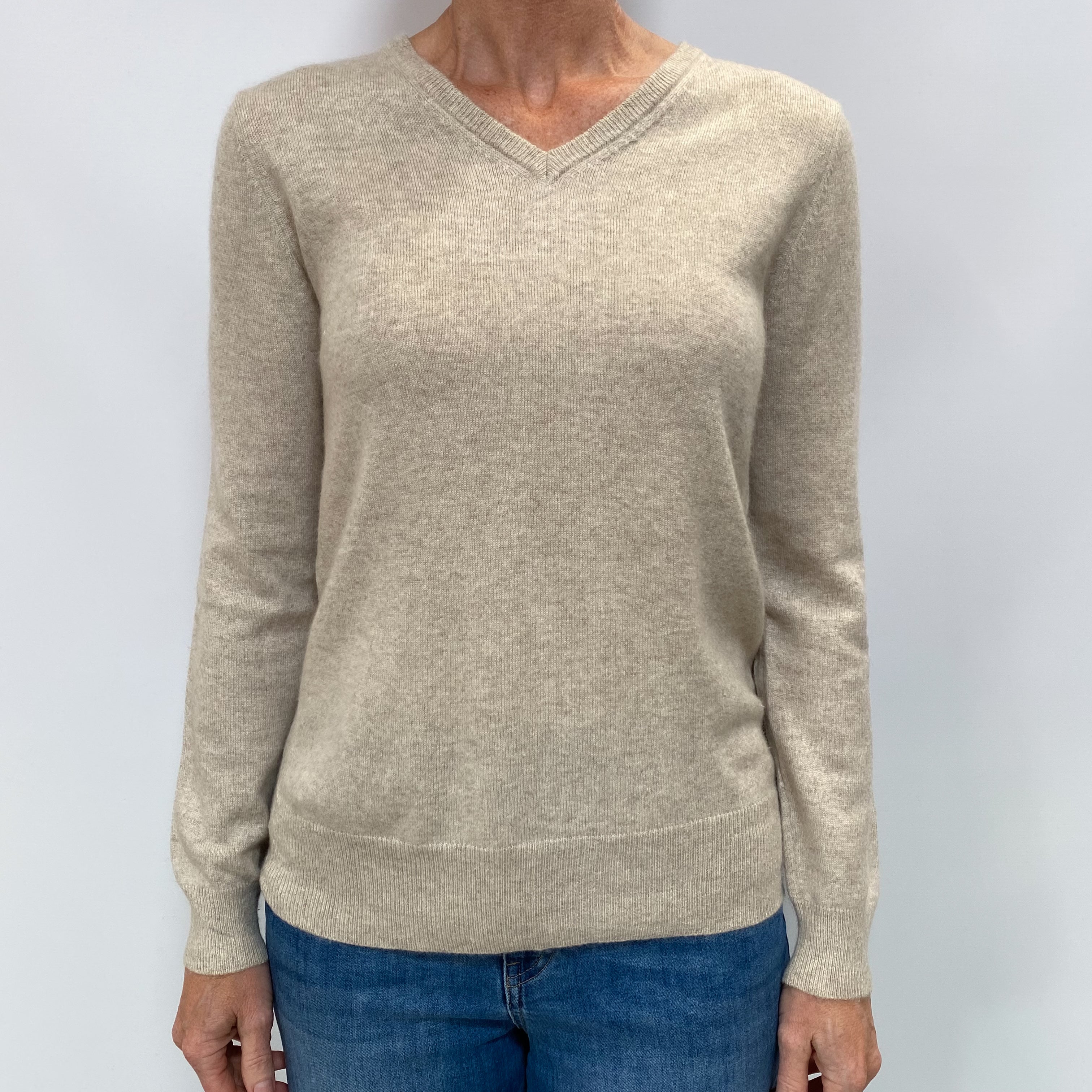 Oatmeal Beige Cashmere V Neck Jumper Small