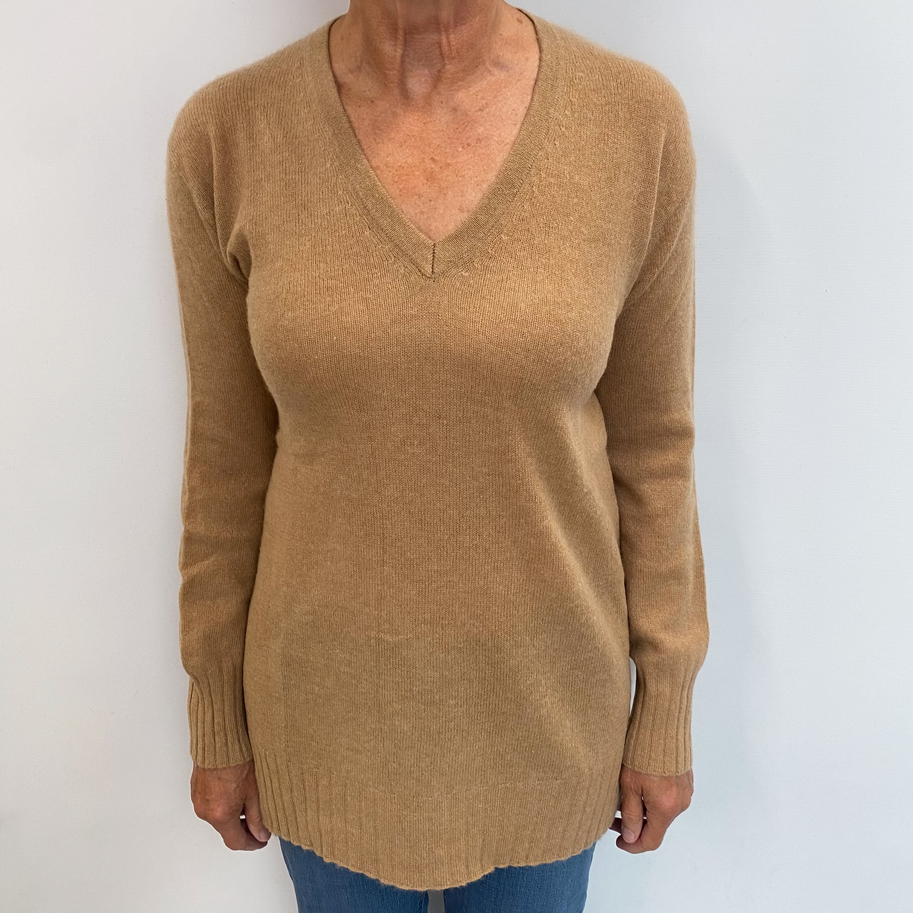 Camel Brown Cashmere V Neck Jumper Medium