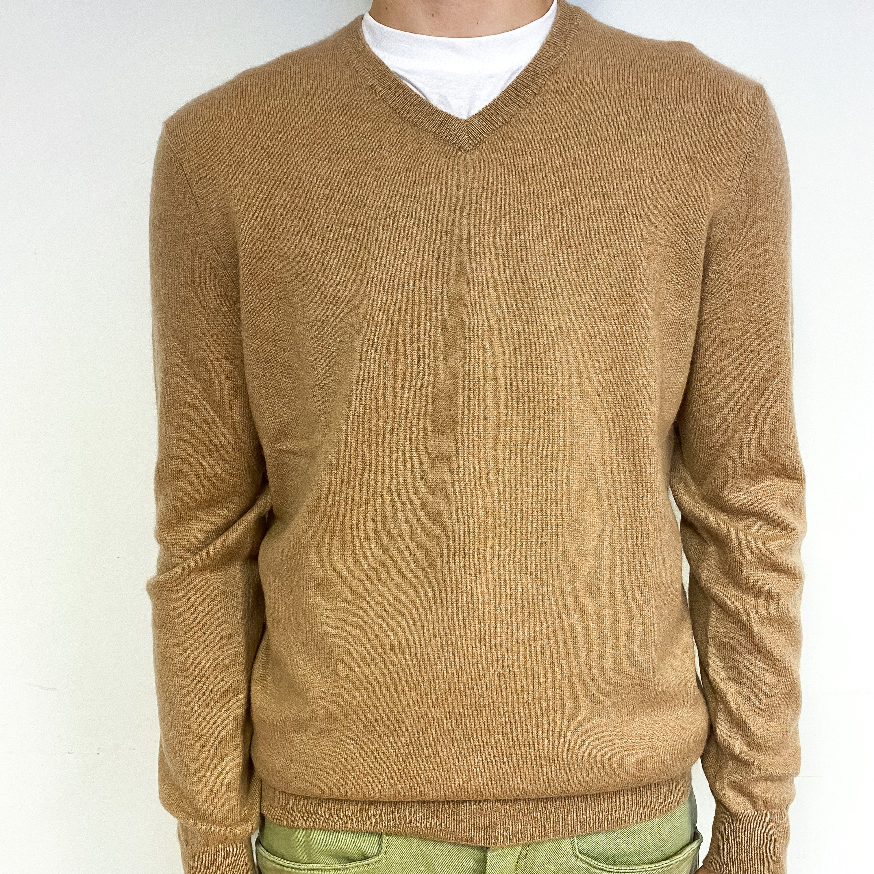 Men's Caramel Brown Cashmere V-Neck Jumper Medium