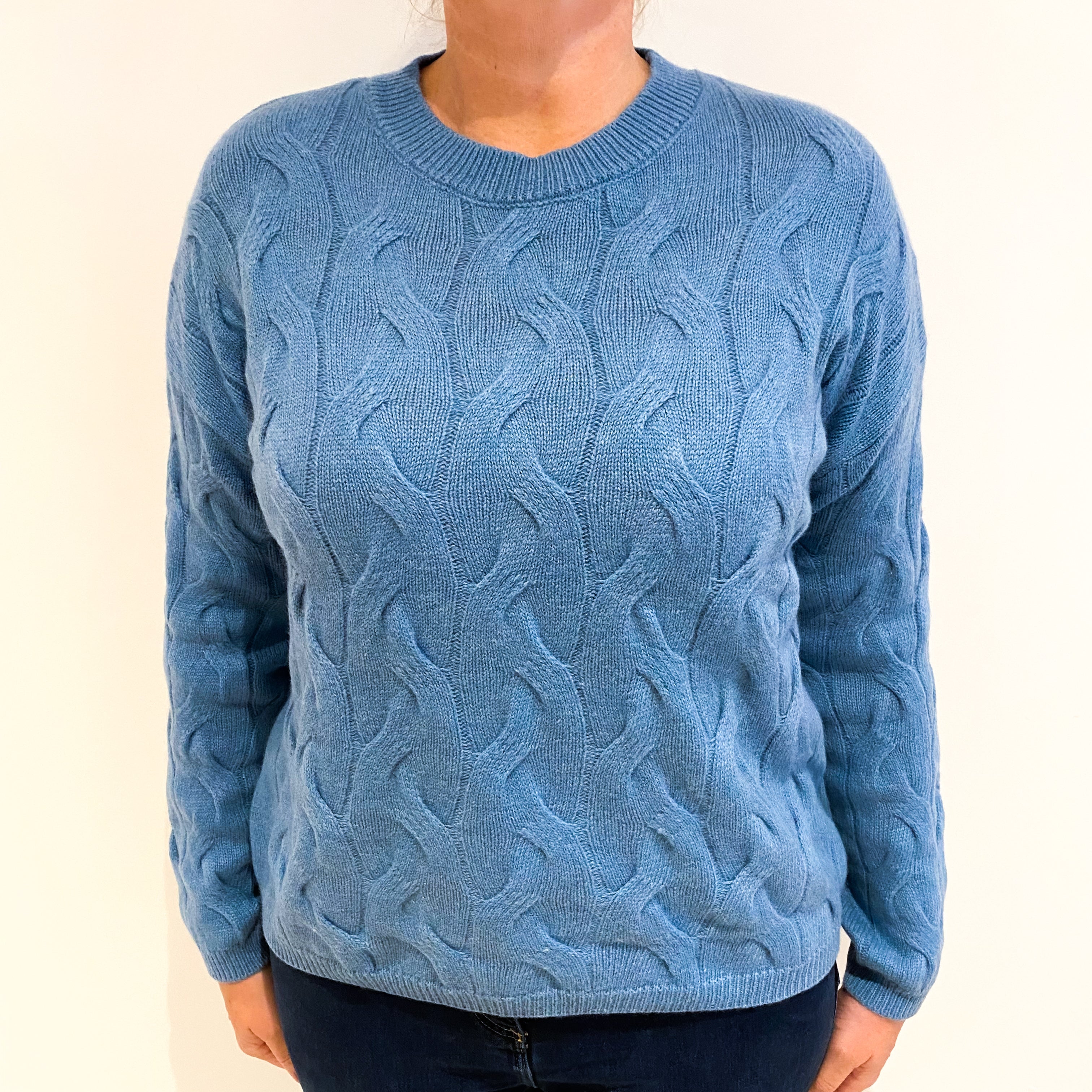Airforce Blue Chunky Knit Cashmere Crew Neck Jumper Large