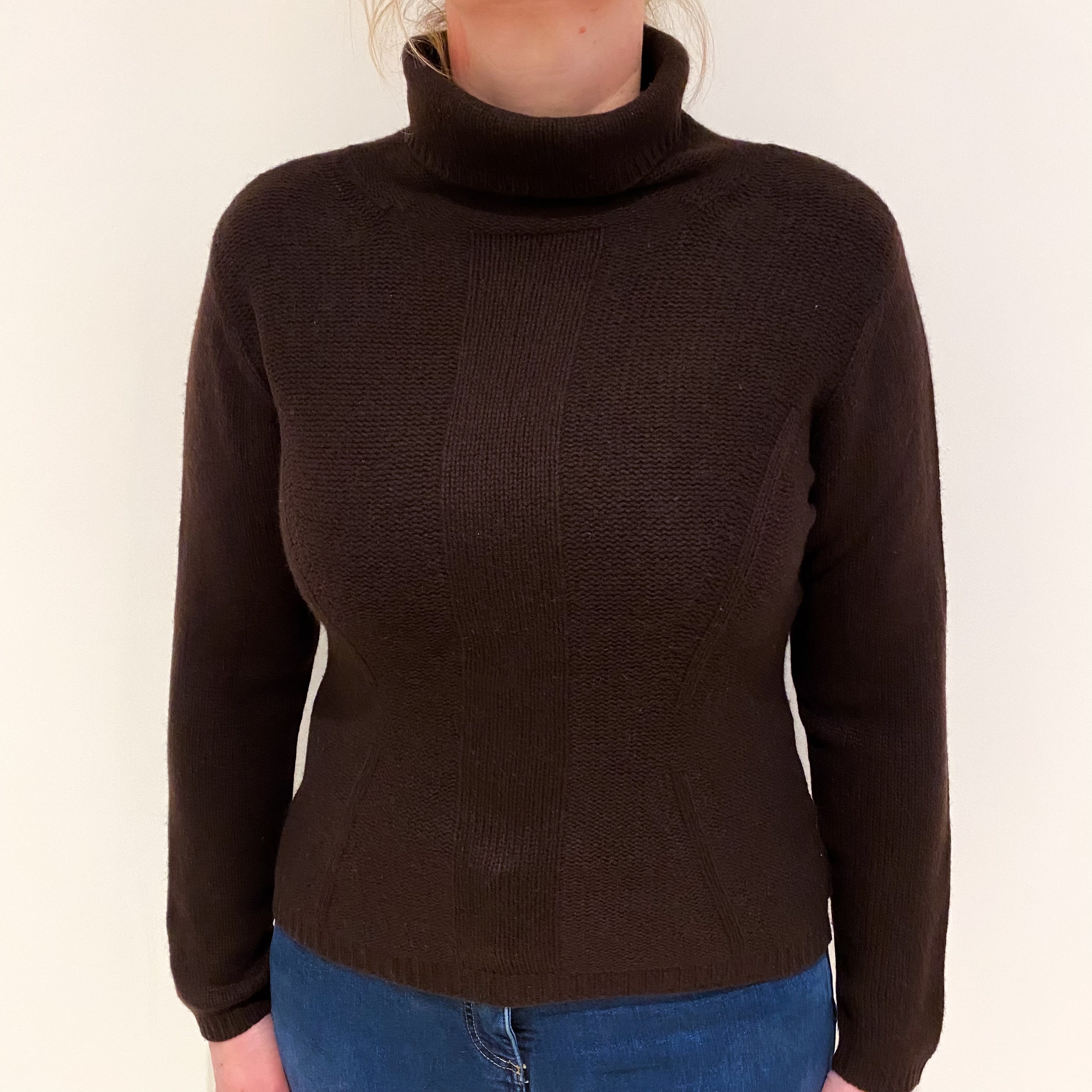 Dark Chocolate Brown Cashmere Funnel Neck Jumper Large