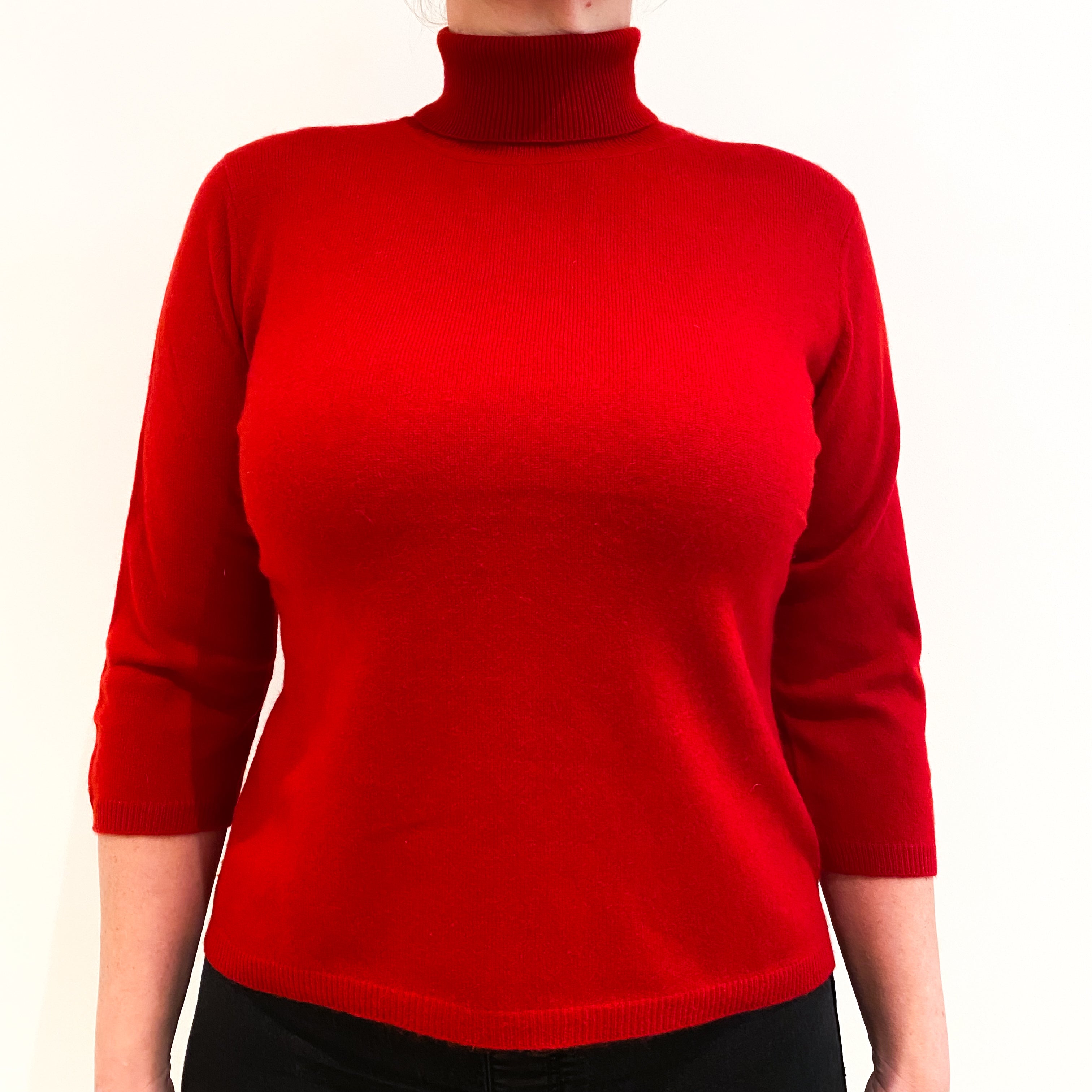 Scarlet Red 3/4 Sleeve Cashmere Polo Neck Jumper Large