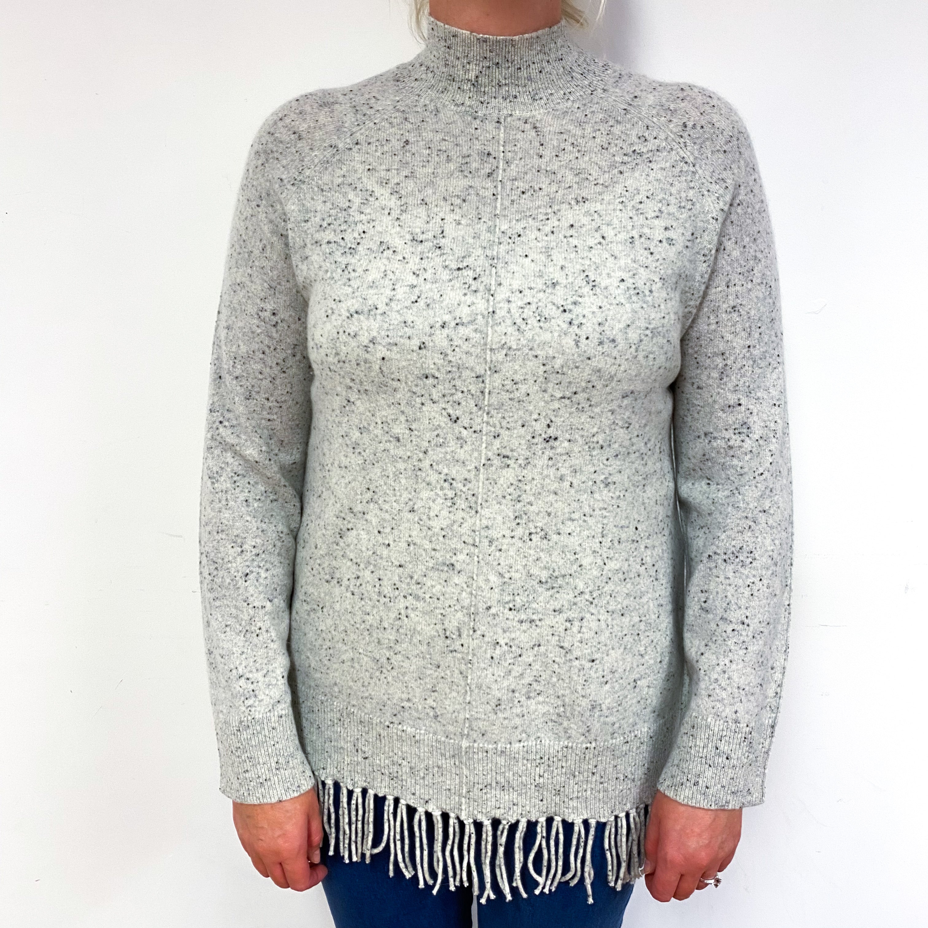Grey Fleck Tassel Trim Cashmere Turtle Neck Jumper Large