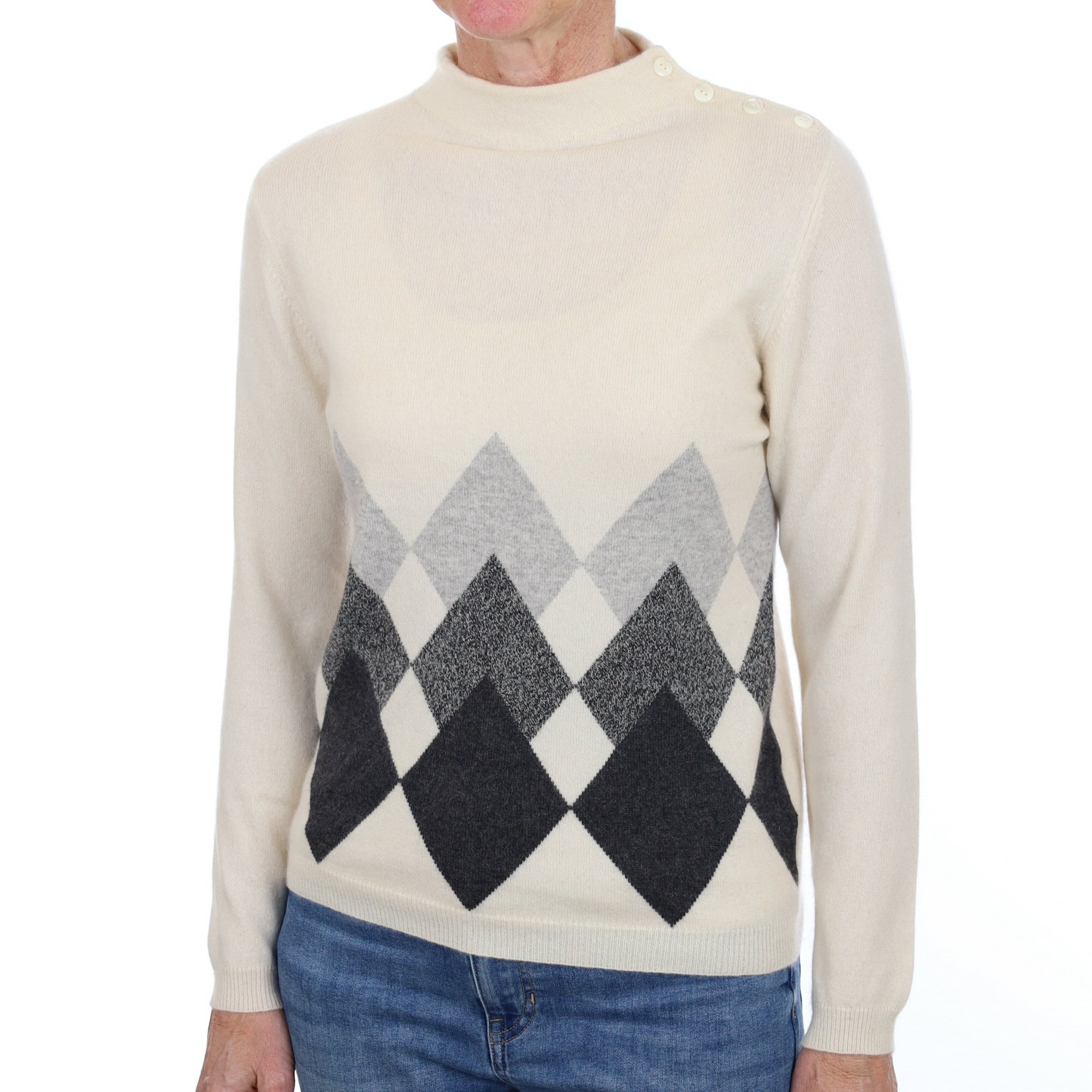 Vanilla Cream Diamond Patterned Cashmere Polo Neck Jumper Small