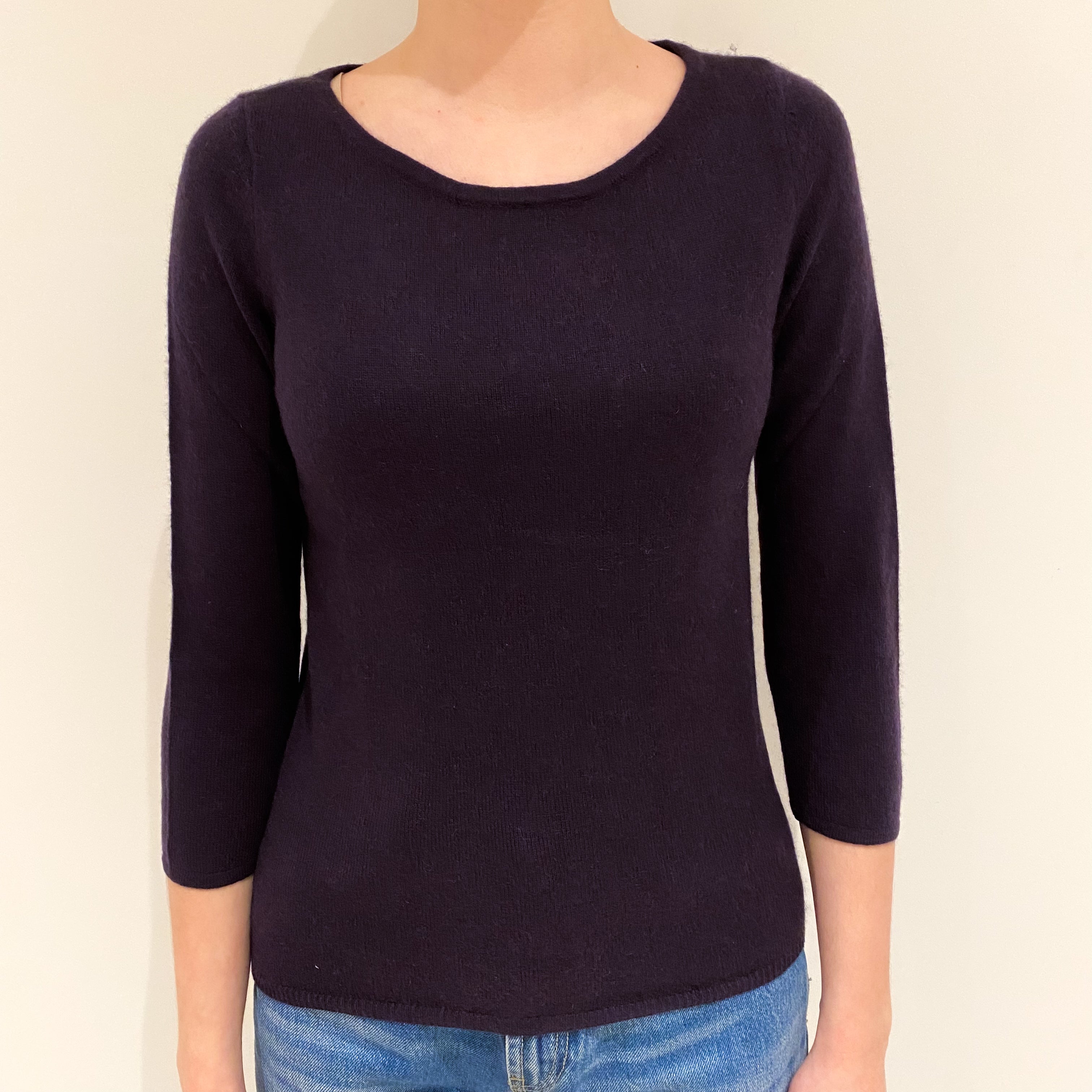 Darkest Purple 3/4 Sleeve Cashmere Crew Neck Jumper Extra Small