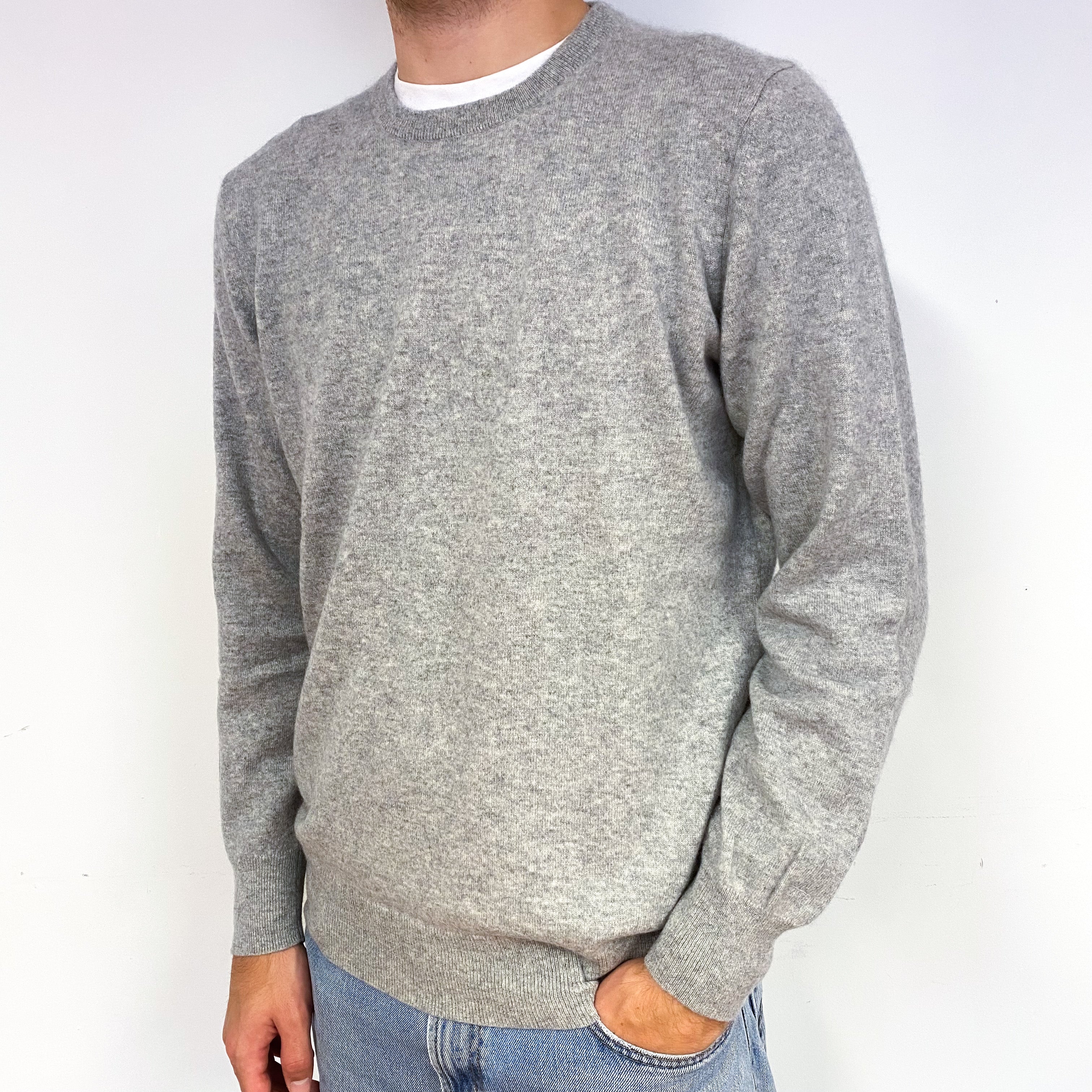 Men's Smoke Grey Cashmere Crew Neck Jumper Large