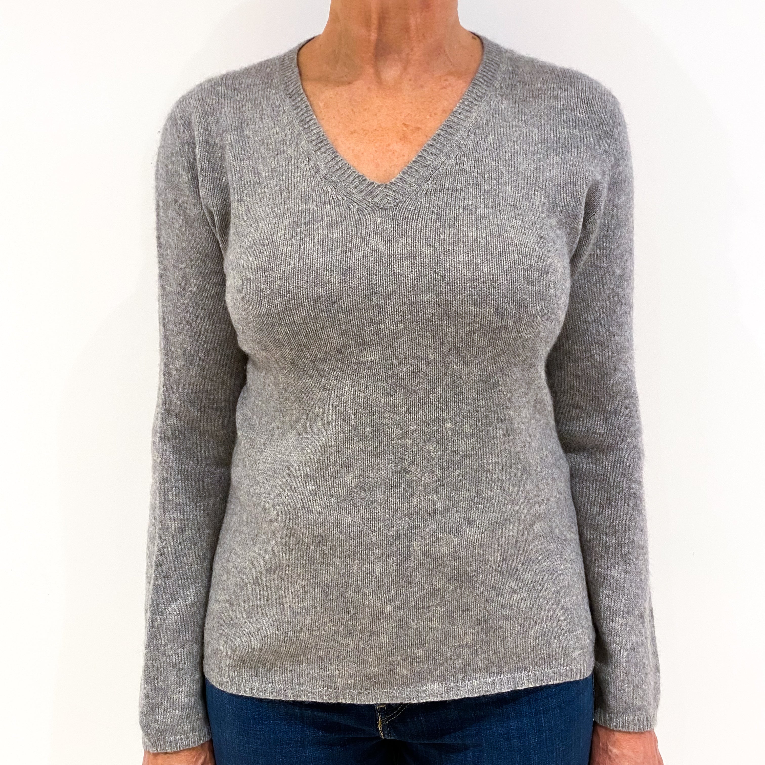 Smoke Grey Cashmere V-Neck Jumper Medium