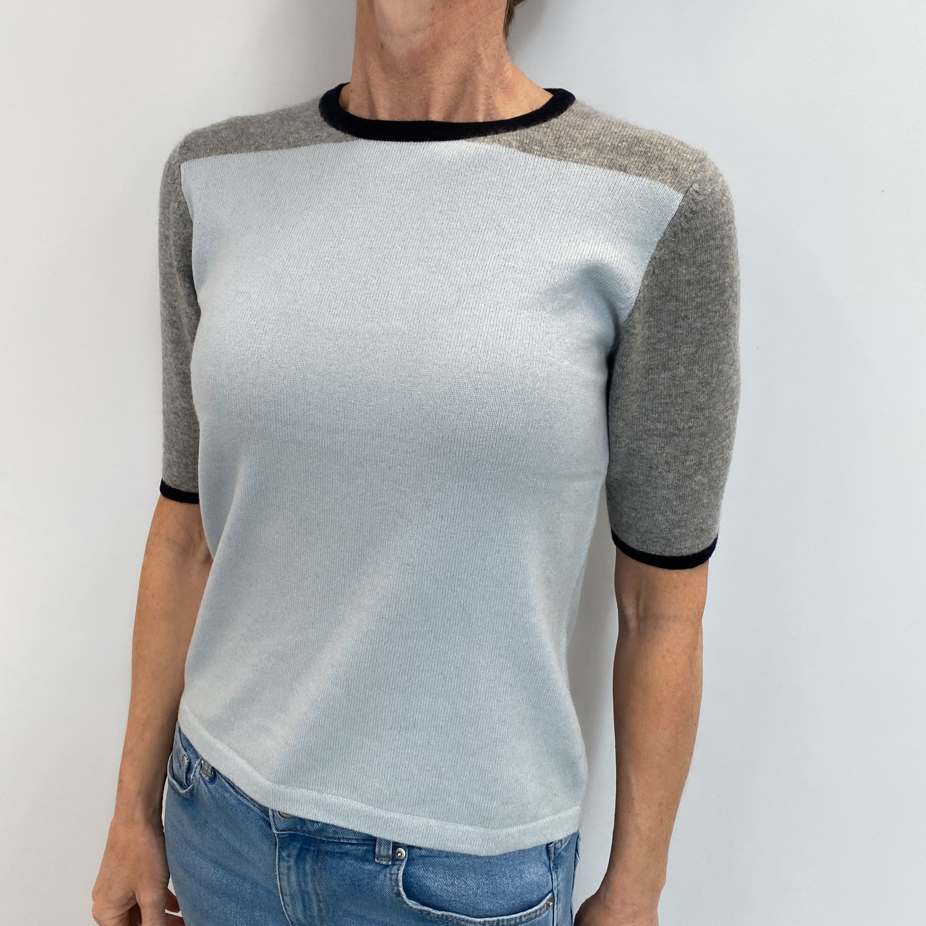 Pale Blue and Grey Cashmere Short Sleeved Navy Trim Jumper Small