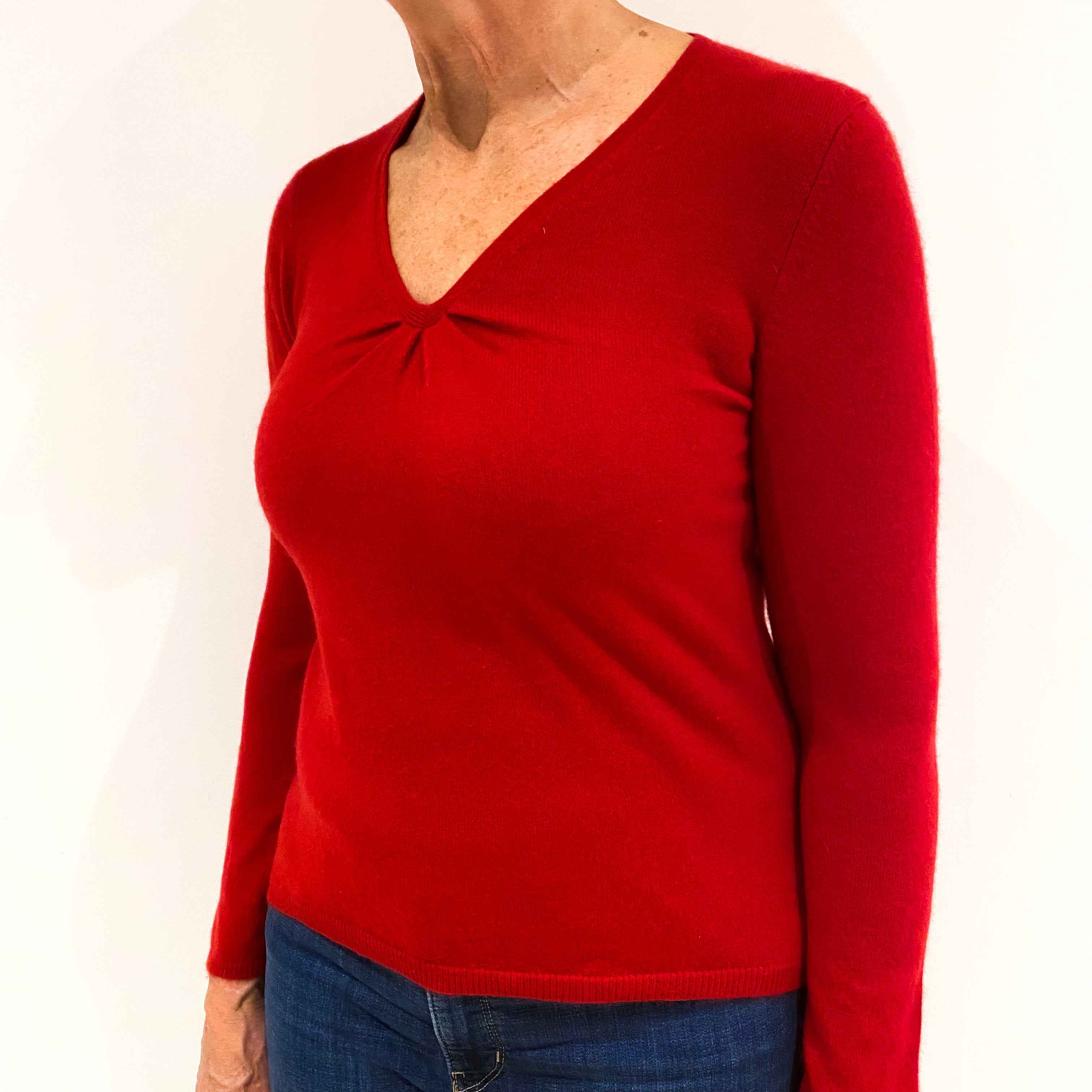 Post Box Red Cashmere Gathered V-Neck Jumper Medium