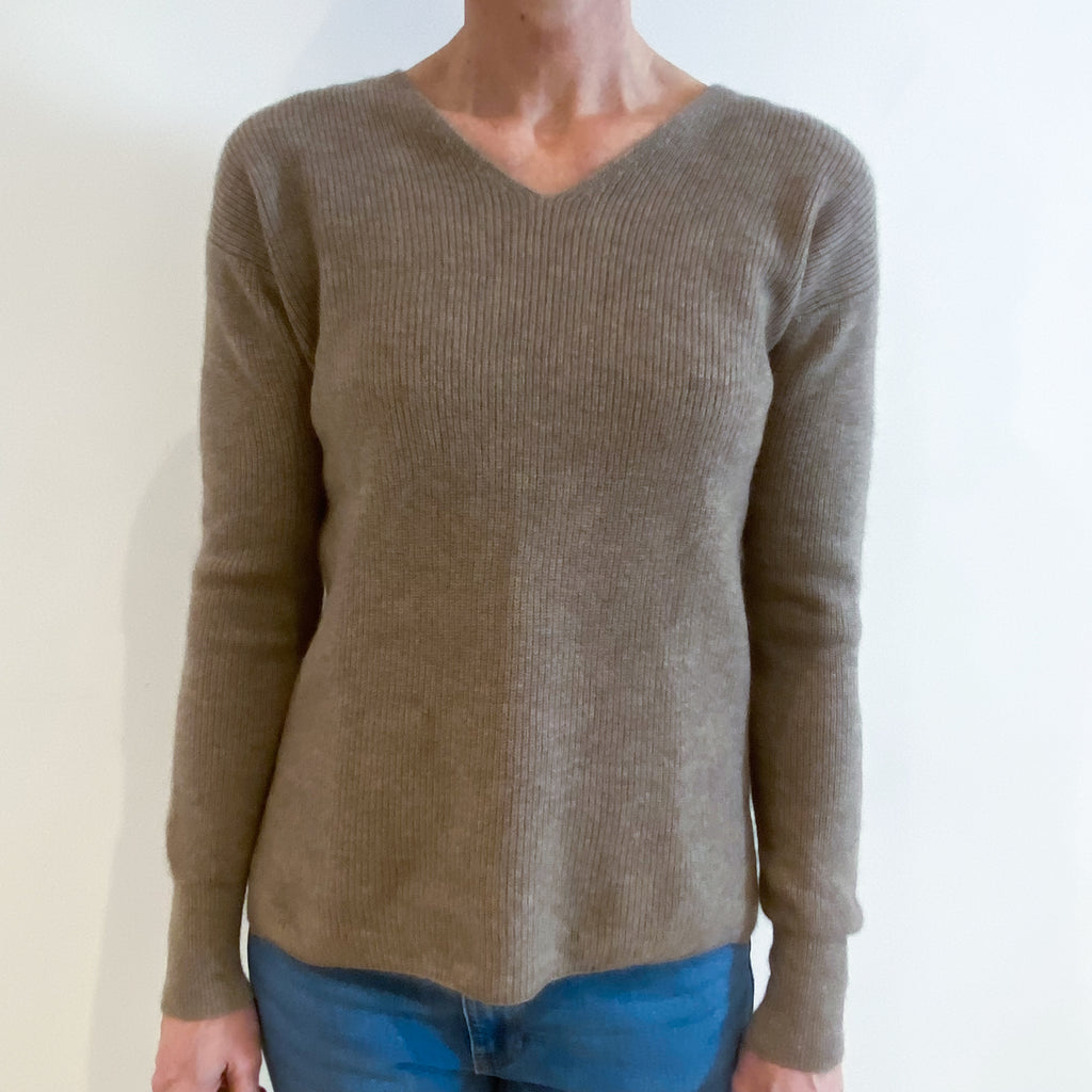 Taupe Brown Cashmere V Neck Jumper Small
