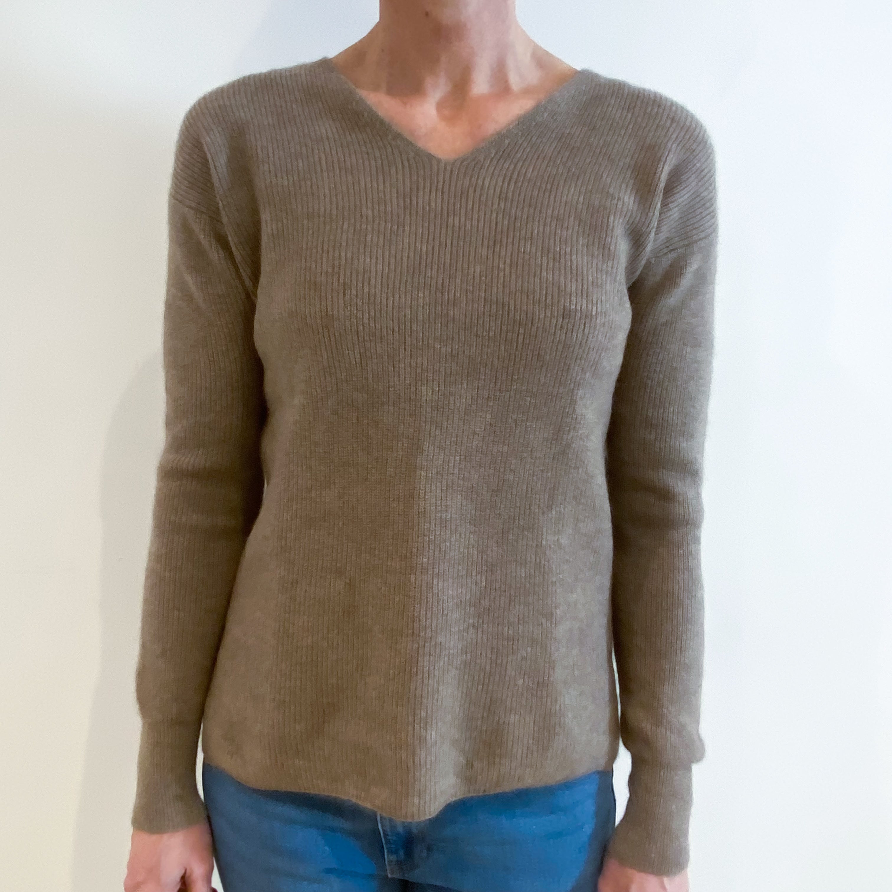 Taupe Brown Cashmere V Neck Jumper Small