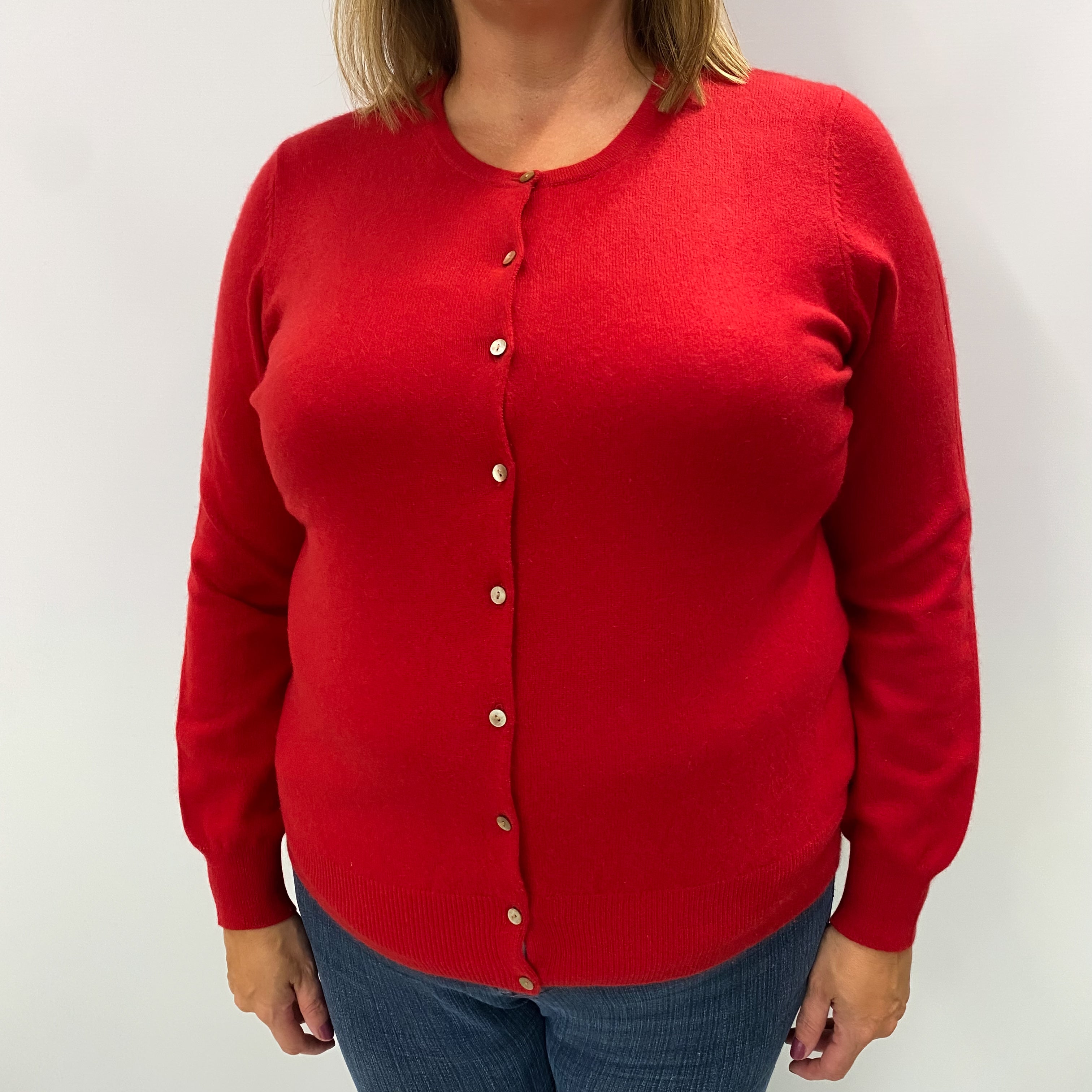 Scarlet Red Cashmere Crew Neck Cardigan Extra Large