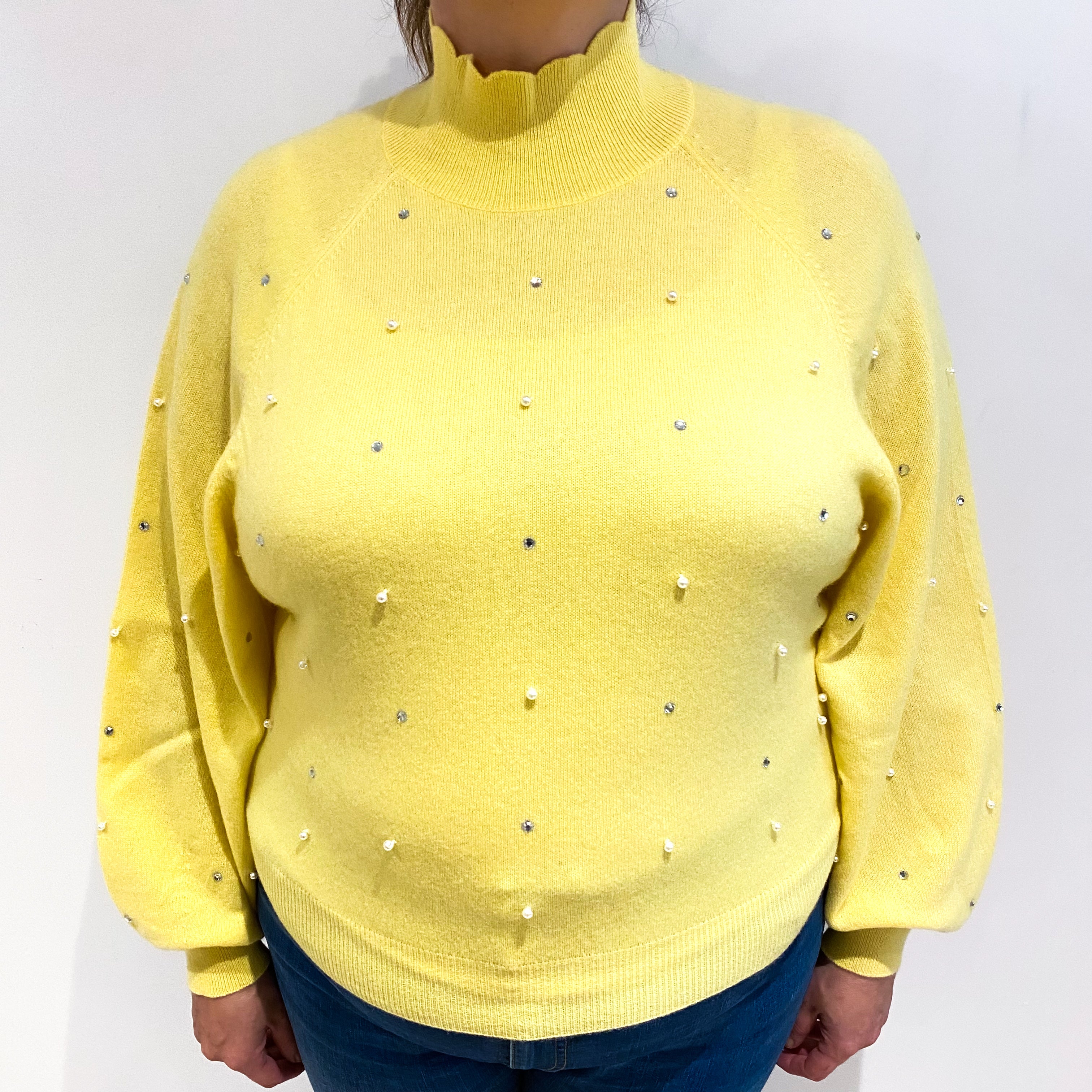 Sunshine Yellow Cashmere Embellished Turtle Neck Jumper Extra Large