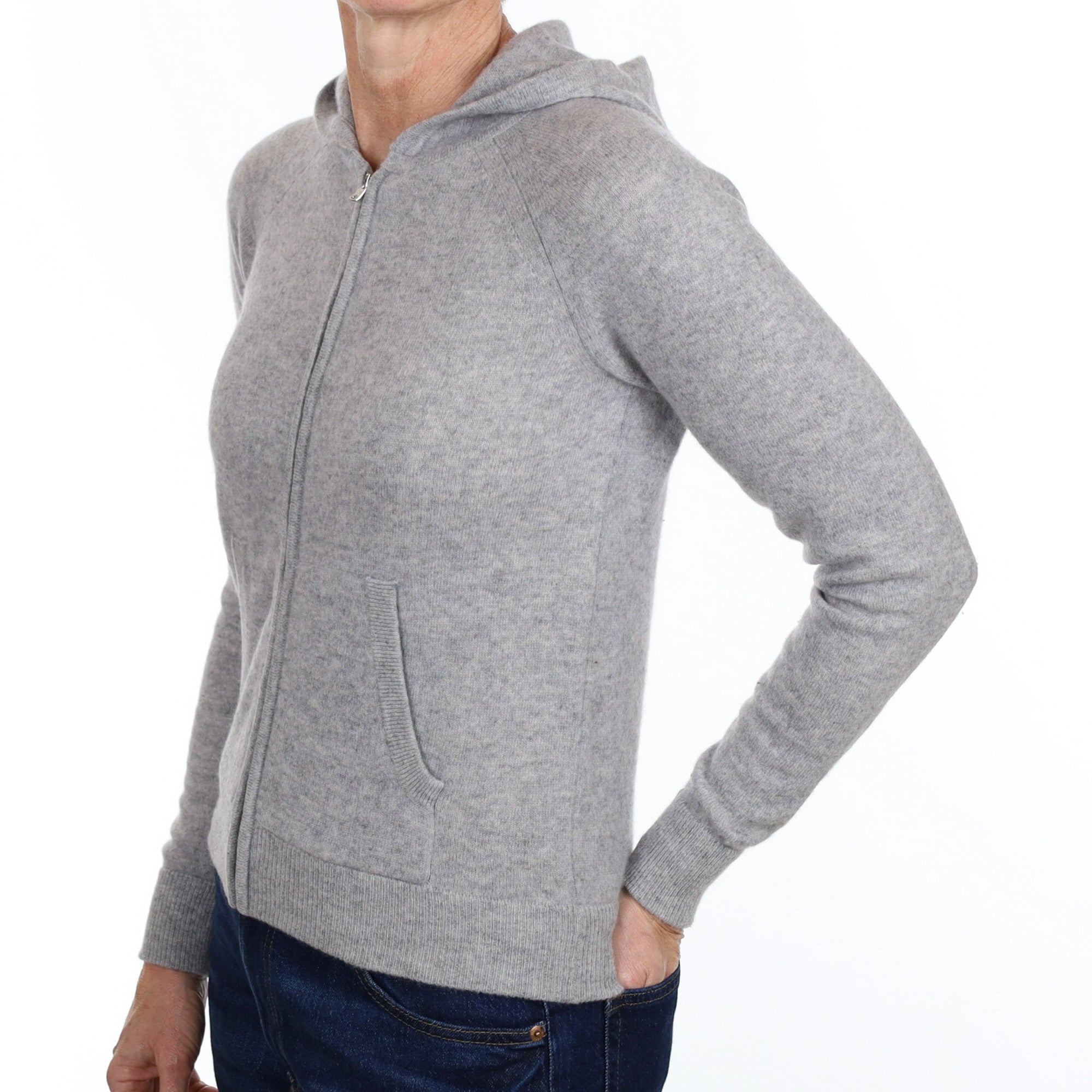 Smoke Grey Cashmere Zip Up Hoodie Jumper with Pockets Small