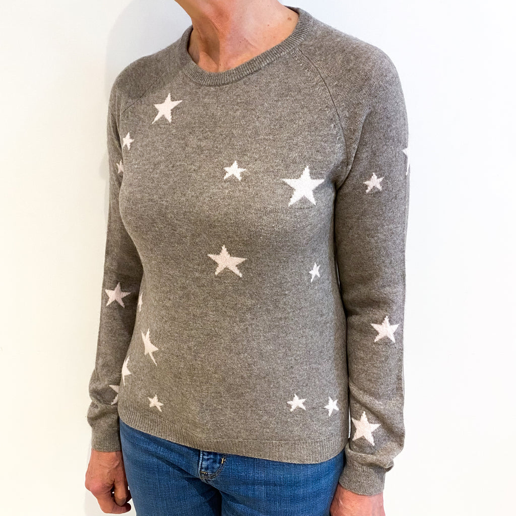 Fawn Beige With Pink Stars Cashmere Crew Neck Jumper Medium