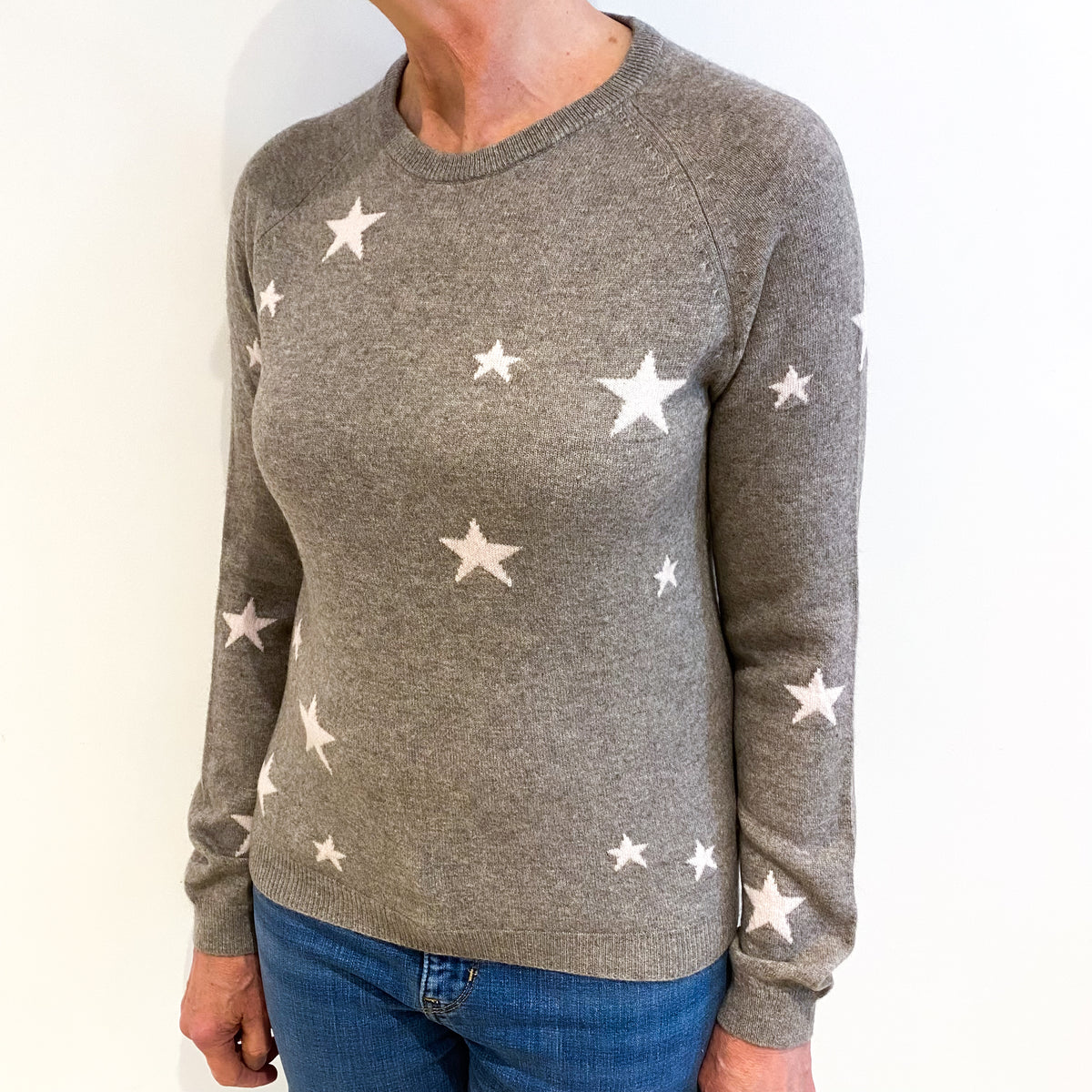 Fawn Beige With Pink Stars Cashmere Crew Neck Jumper Medium