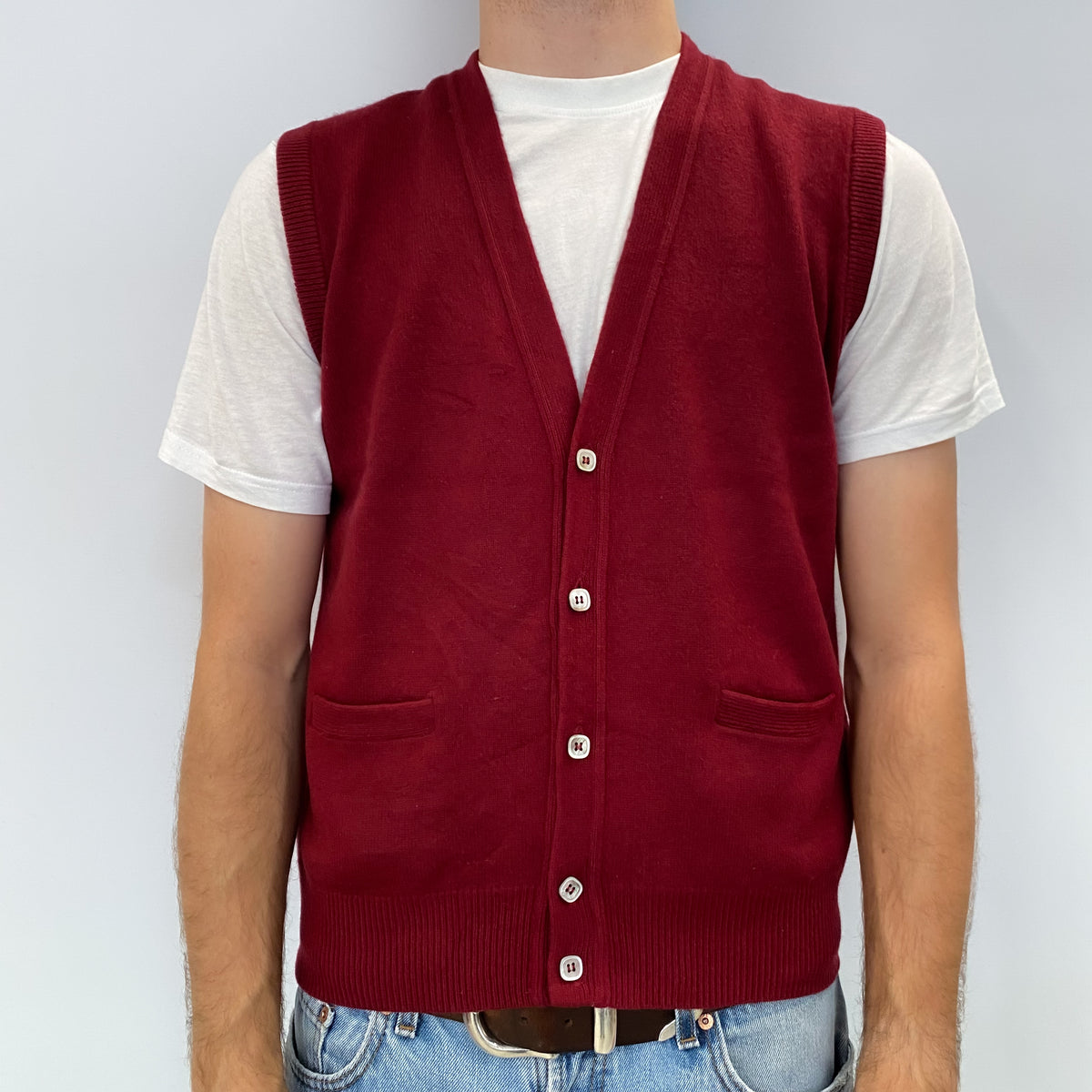Men's Maroon Red Cashmere V Neck Sleeveless Cardigan Medium