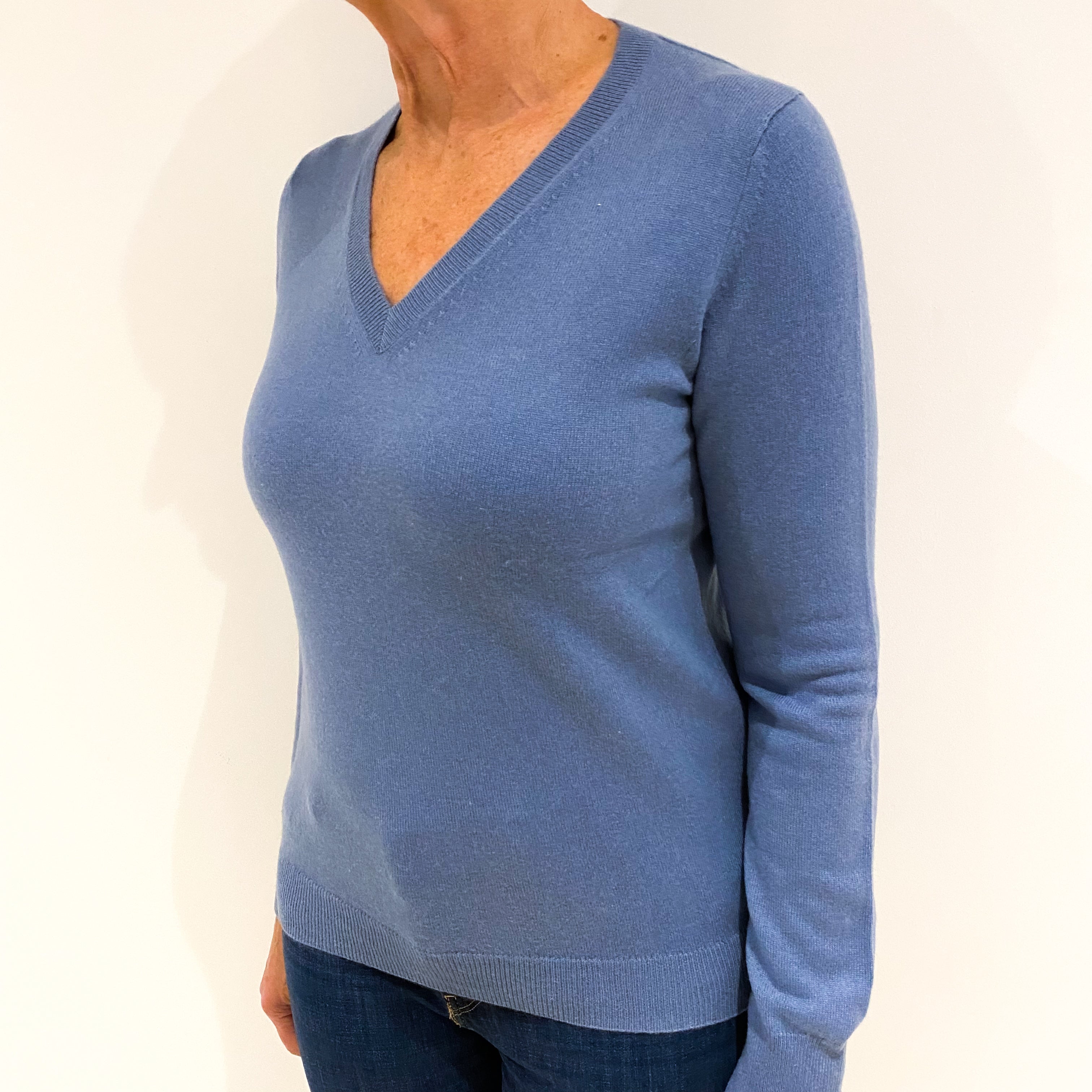 Denim Blue Cashmere V-Neck Jumper Medium